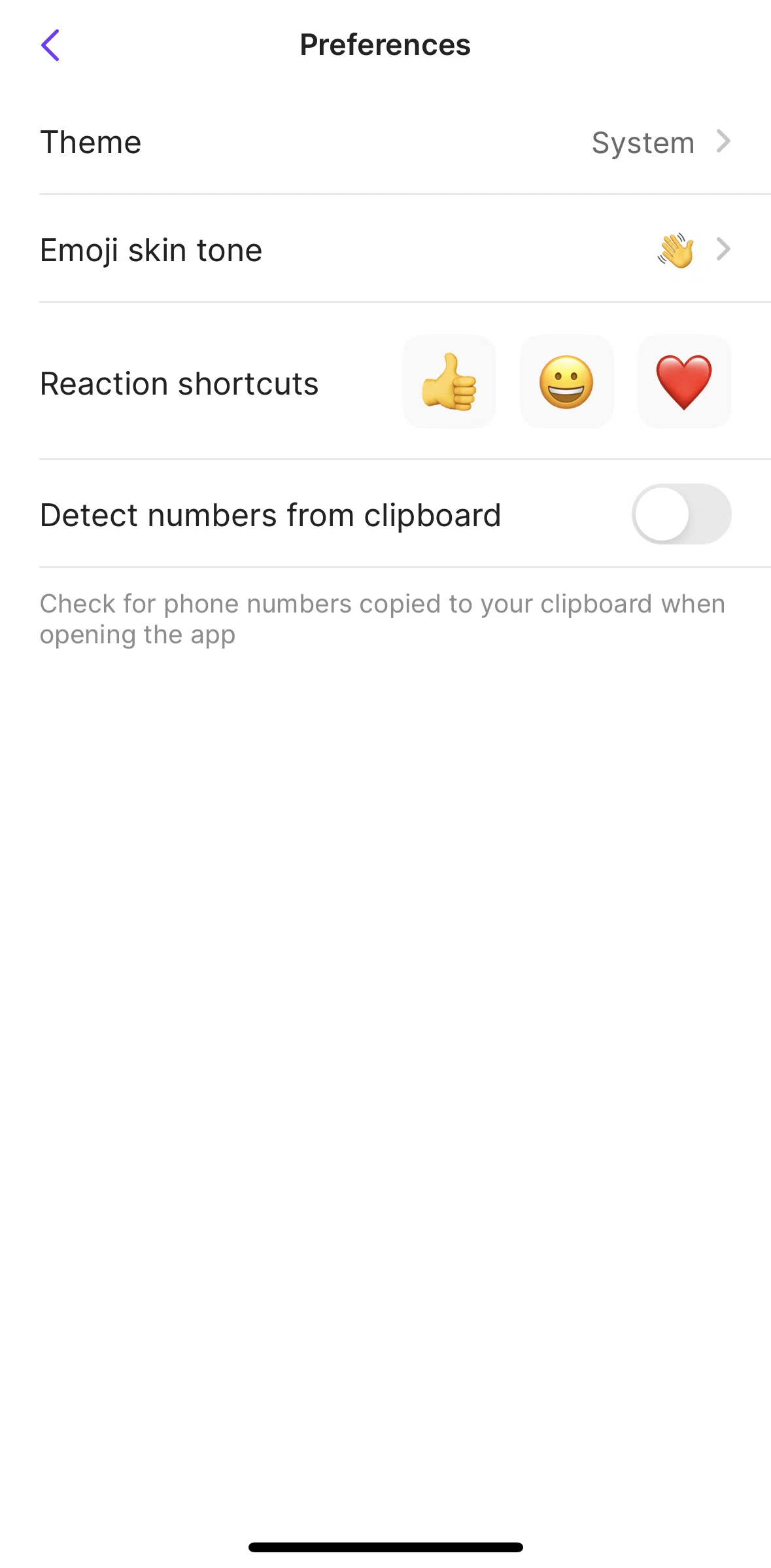 OpenPhone Screen screen in the Editing reaction shortcuts flow
