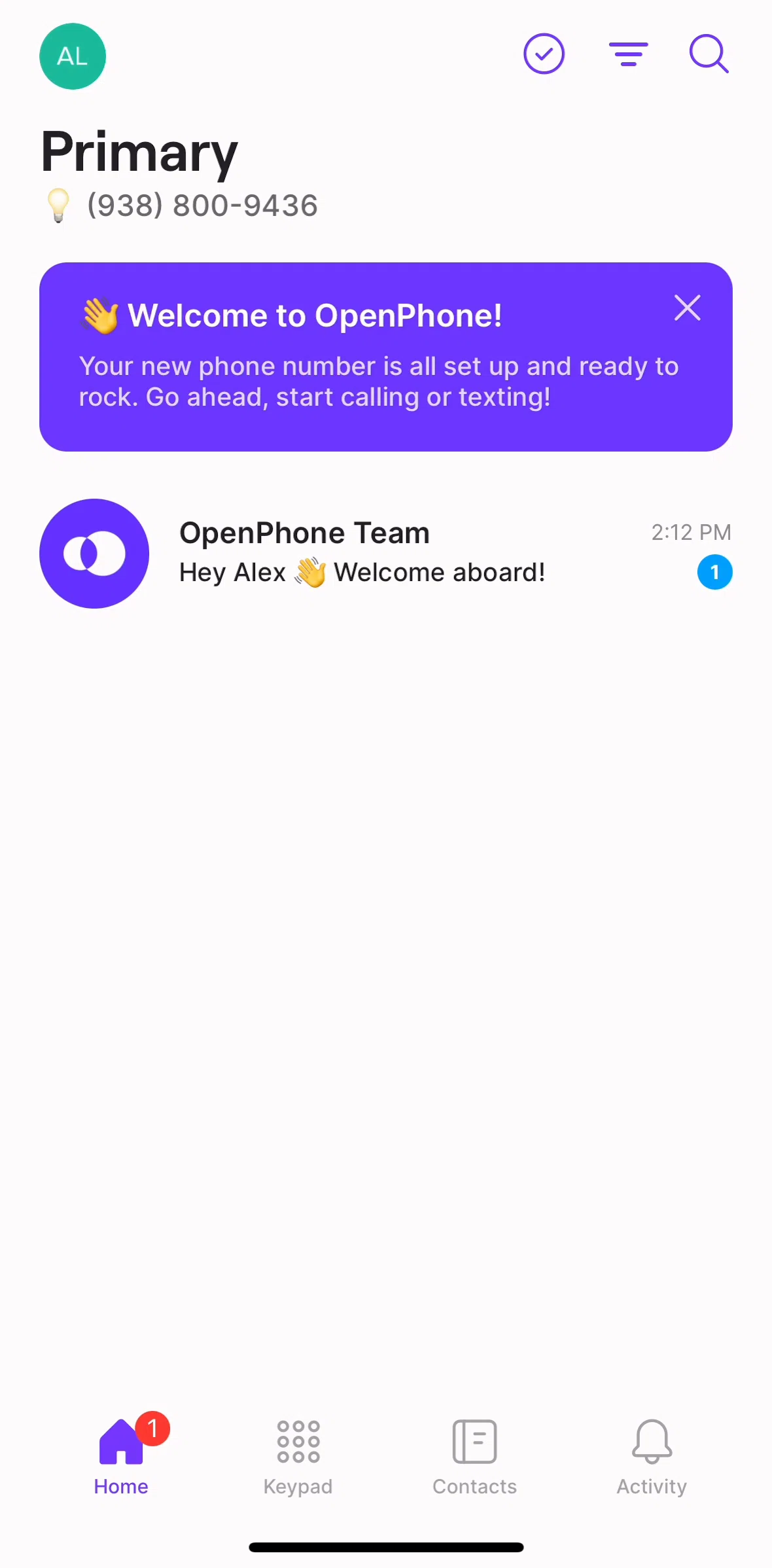 OpenPhone Screen screen in the Home flow