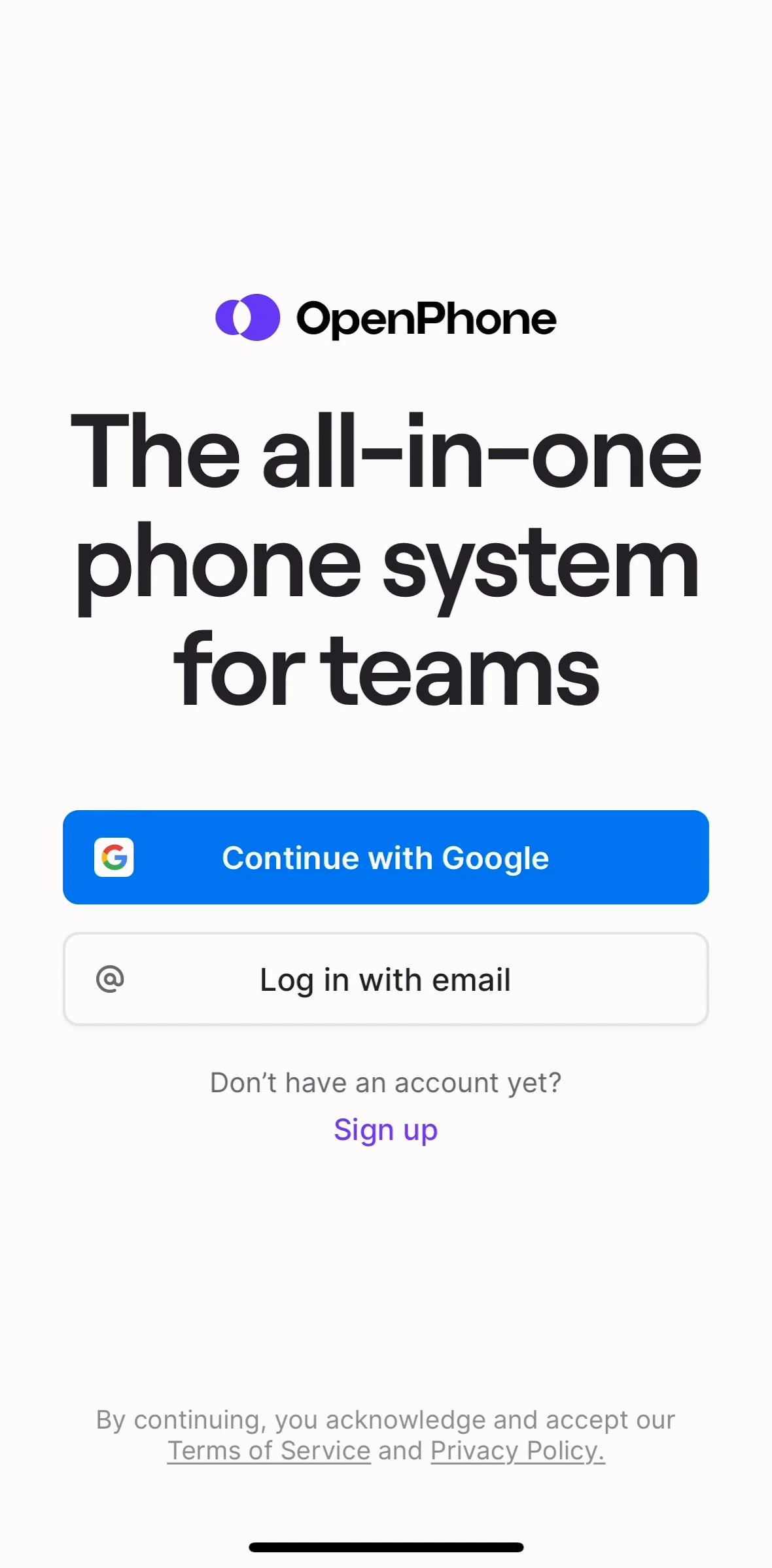 OpenPhone Screen screen in the Logging in flow