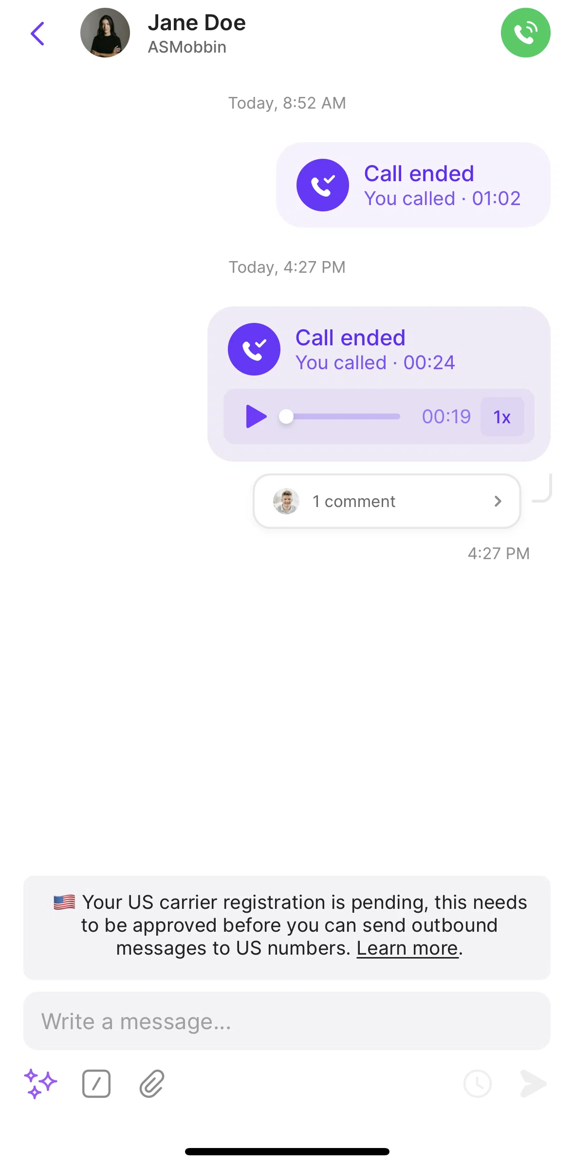 OpenPhone Screen screen in the Marking a thread as resolved flow