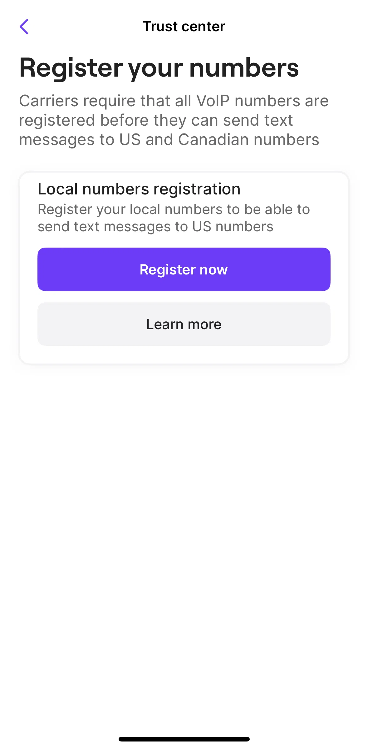 OpenPhone Screen screen in the Registering a local number flow
