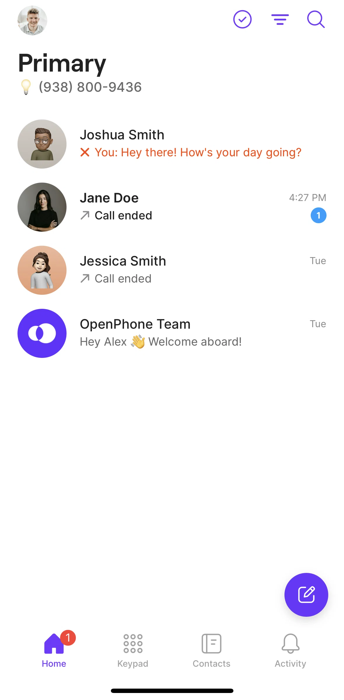 OpenPhone Screen screen in the Scheduling a message flow