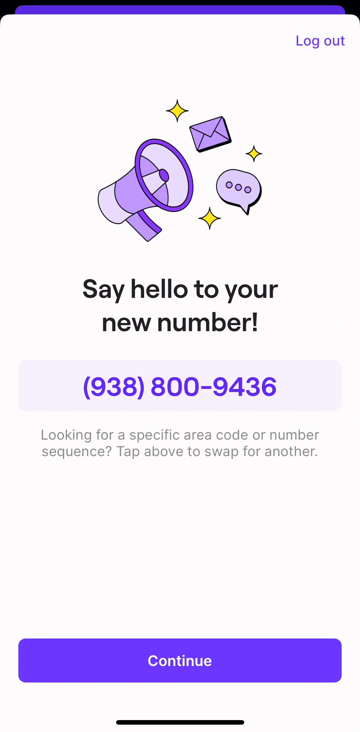 OpenPhone Screen screen in the Selecting another number flow