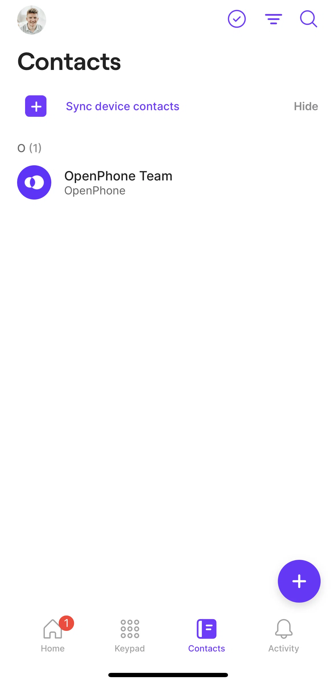 OpenPhone Screen screen in the Syncing device contacts flow