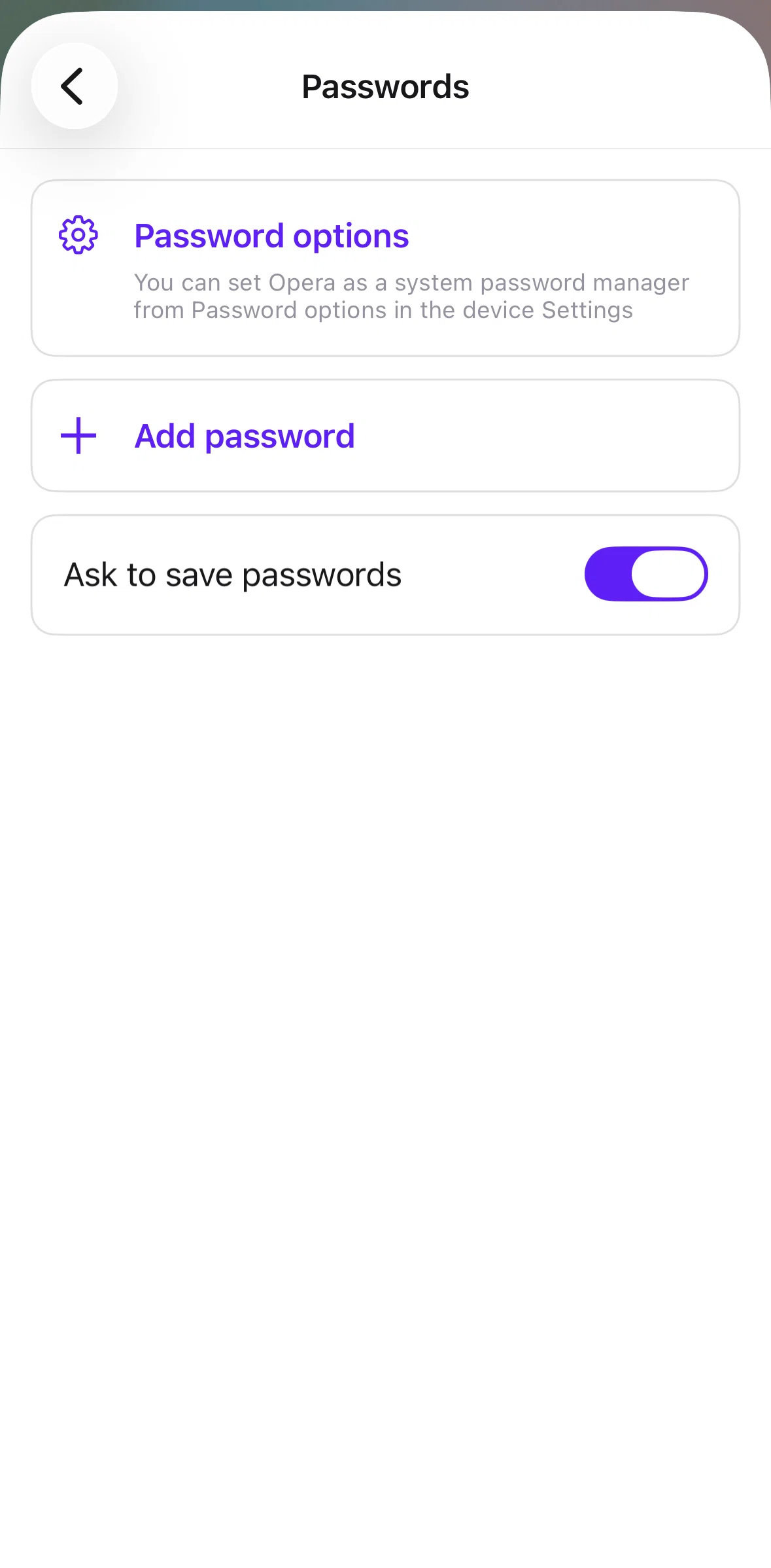 Opera Screen screen in the Adding a password flow