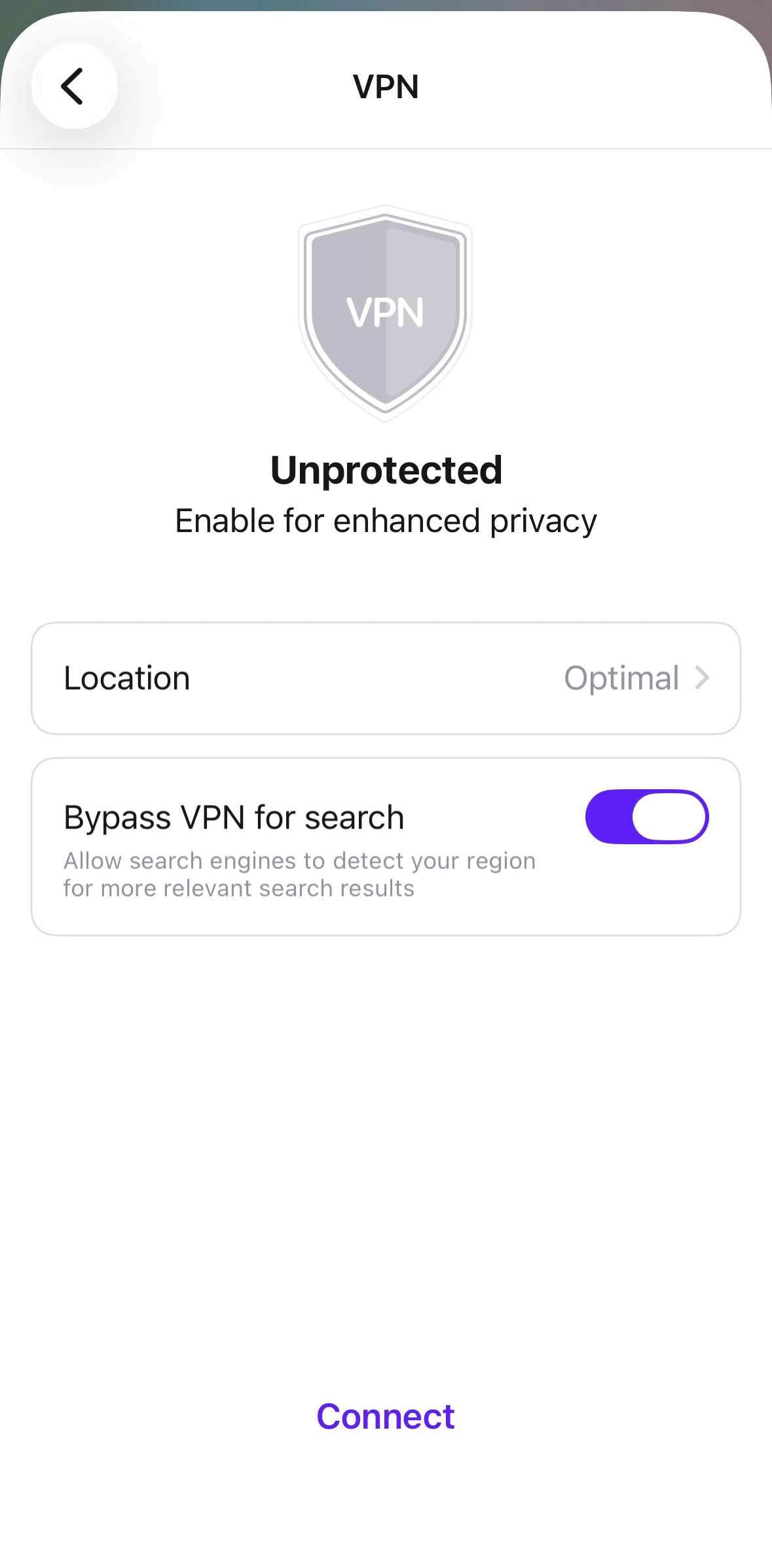 Opera Screen screen in the Changing VPN location flow