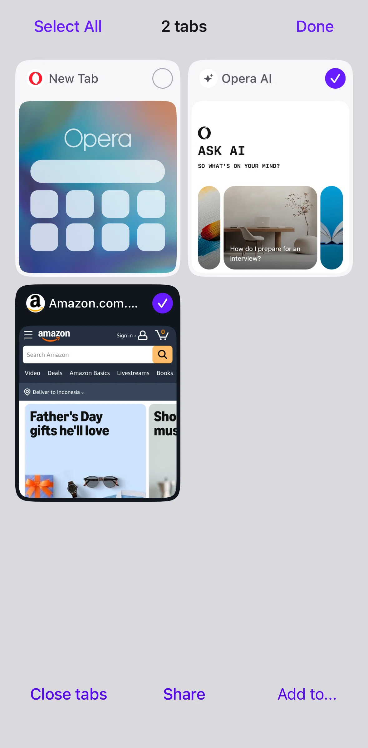 Opera Screen screen in the Creating a tab group flow