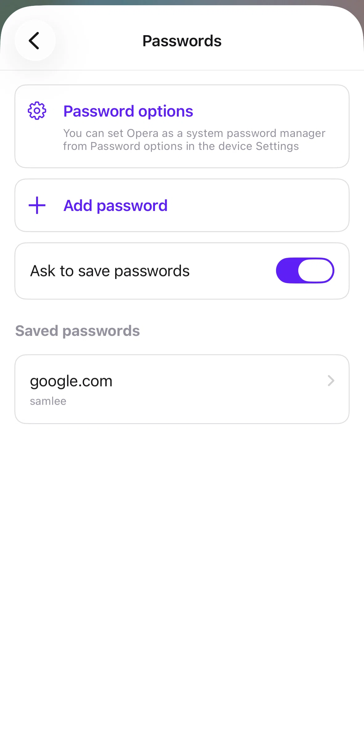 Opera Screen screen in the Deleting a password flow