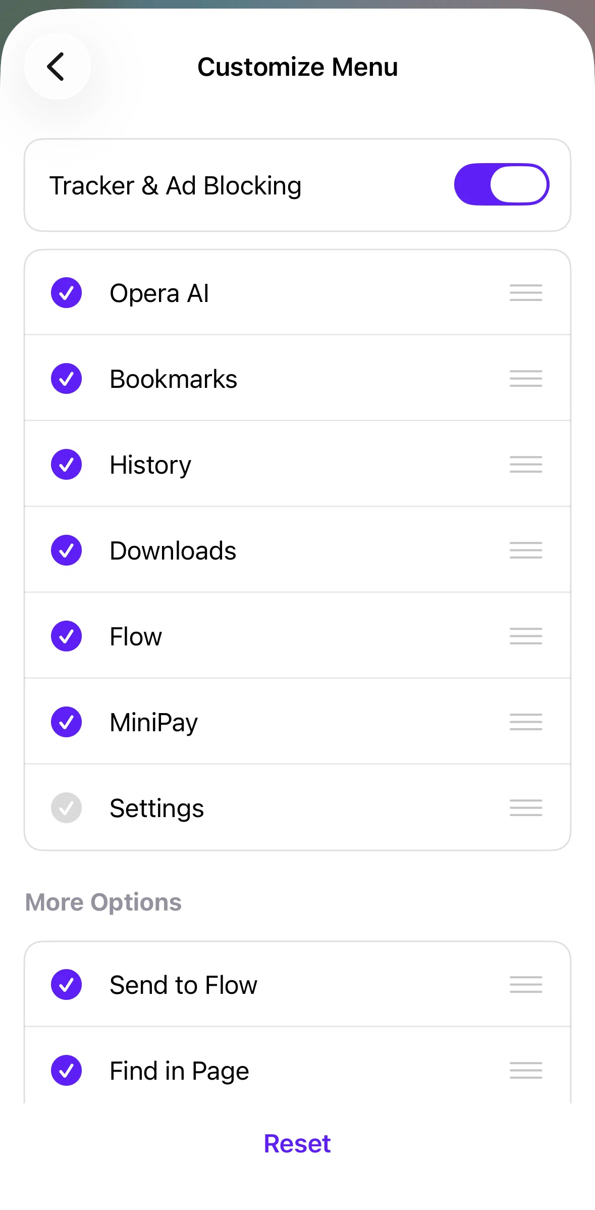 Opera Screen screen in the Reordering menu flow