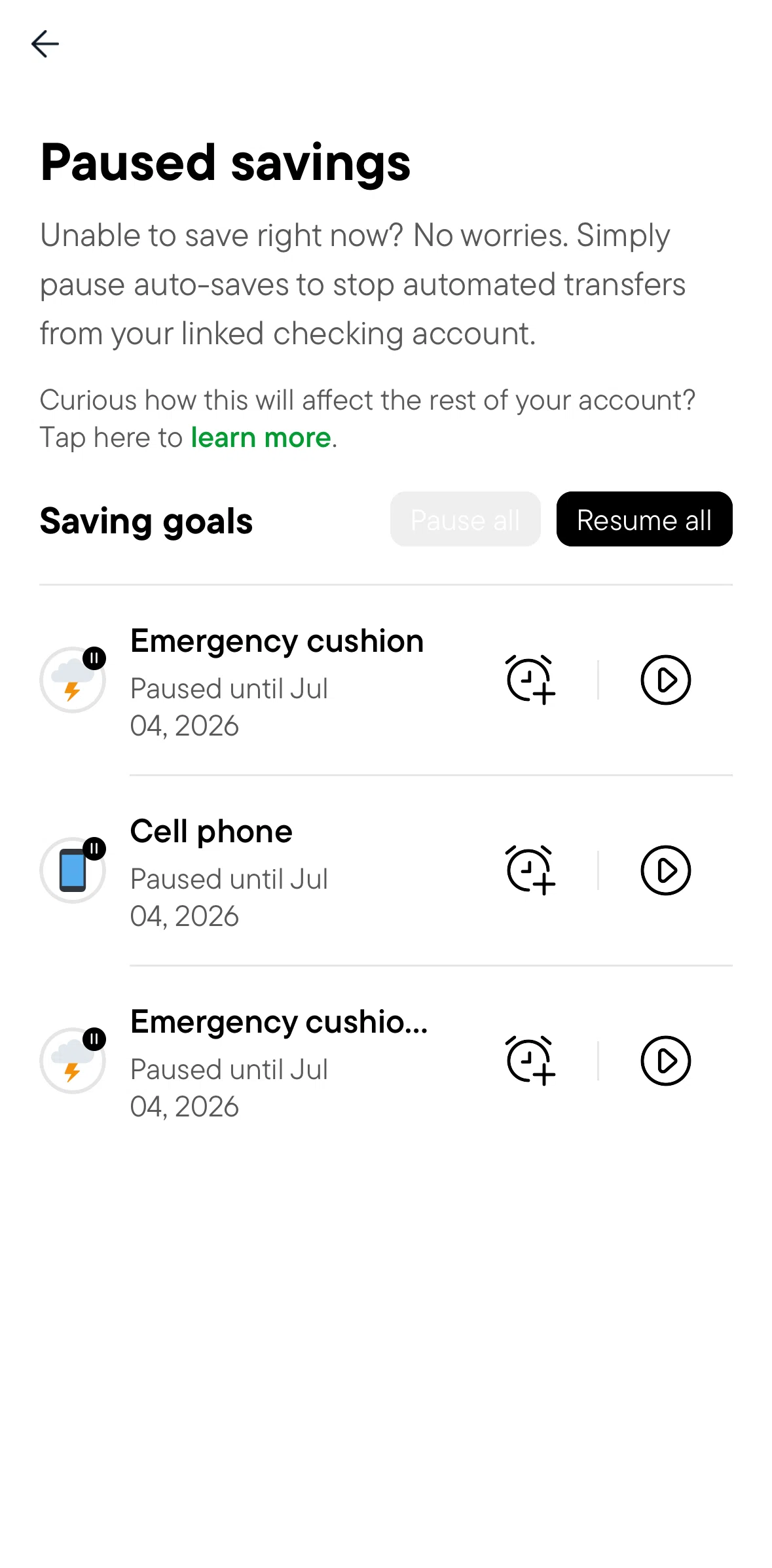 Oportun Screen screen in the Extending a saving goal pause flow