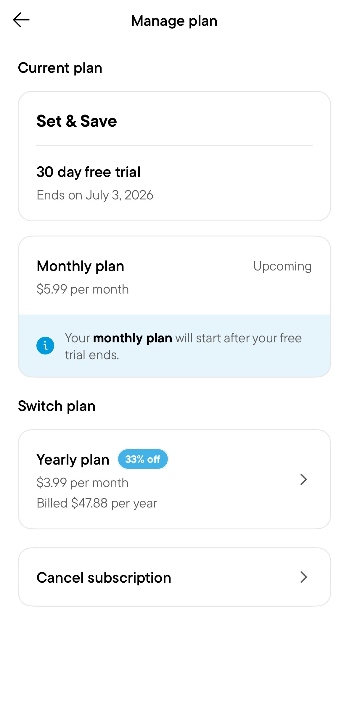 Oportun Screen screen in the Switching to Oportun yearly plan flow