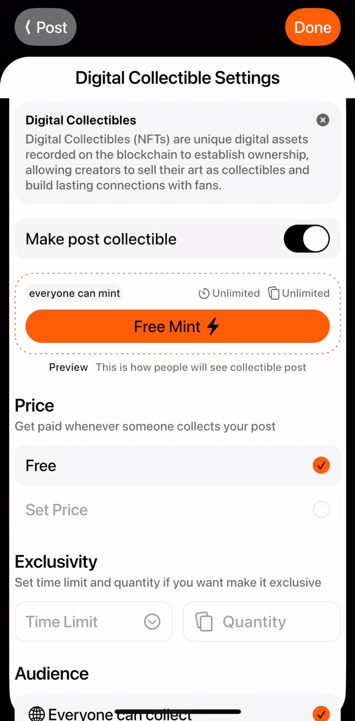 Orb Social Screen screen in the Changing collectible settings flow
