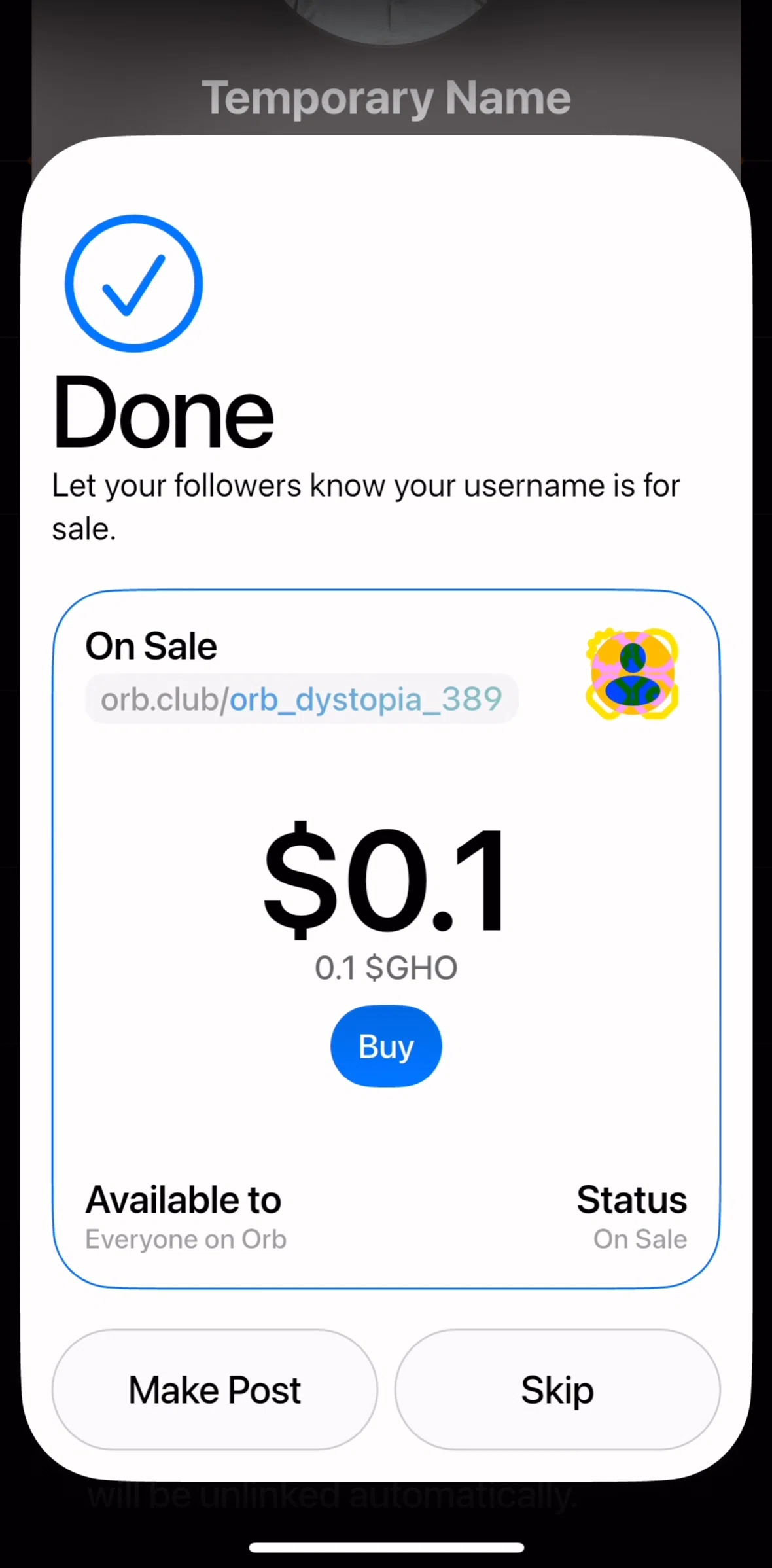 Orb Social Screen screen in the Creating a post (username) flow