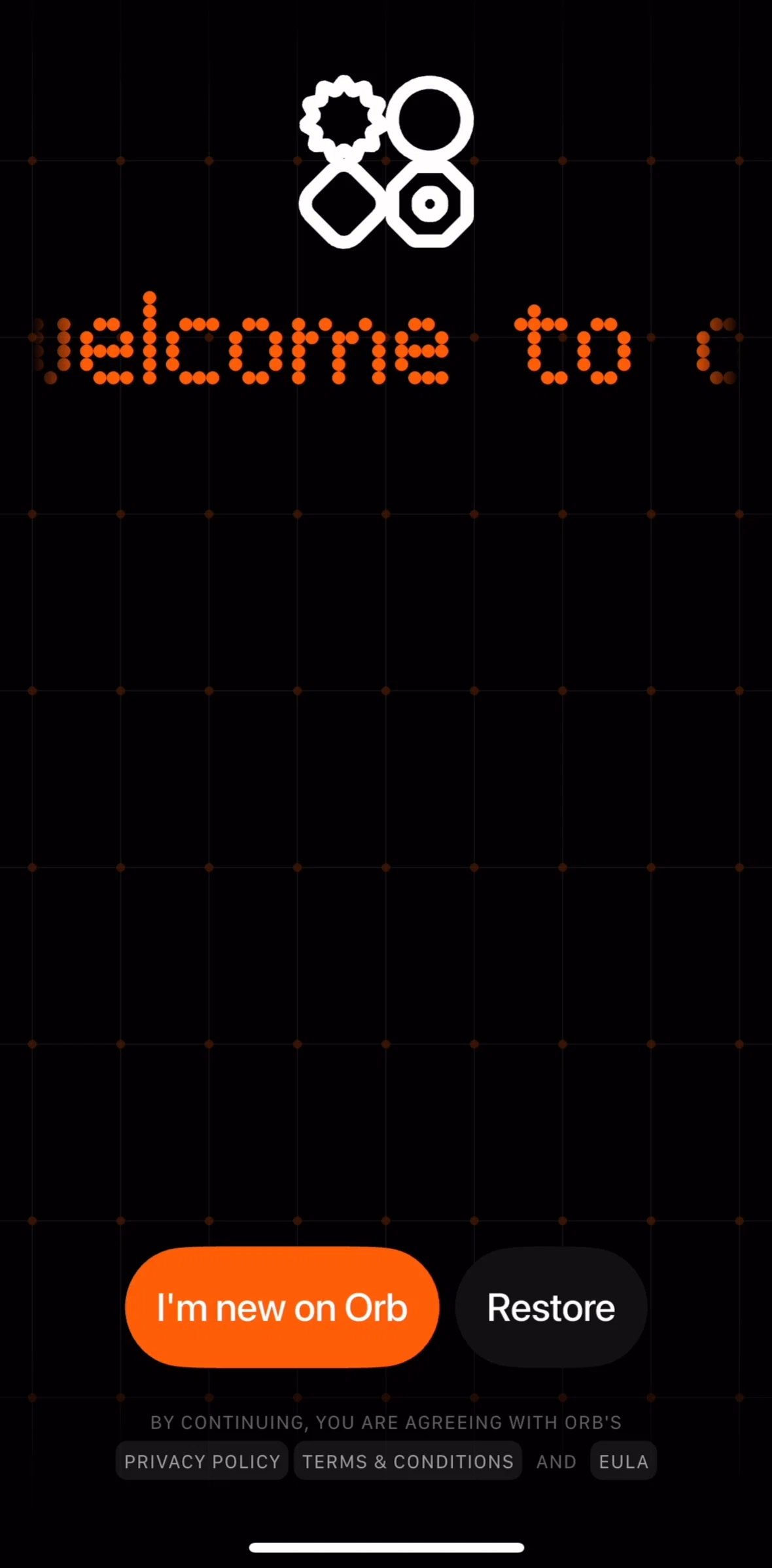 Orb Social Screen screen in the Log in flow