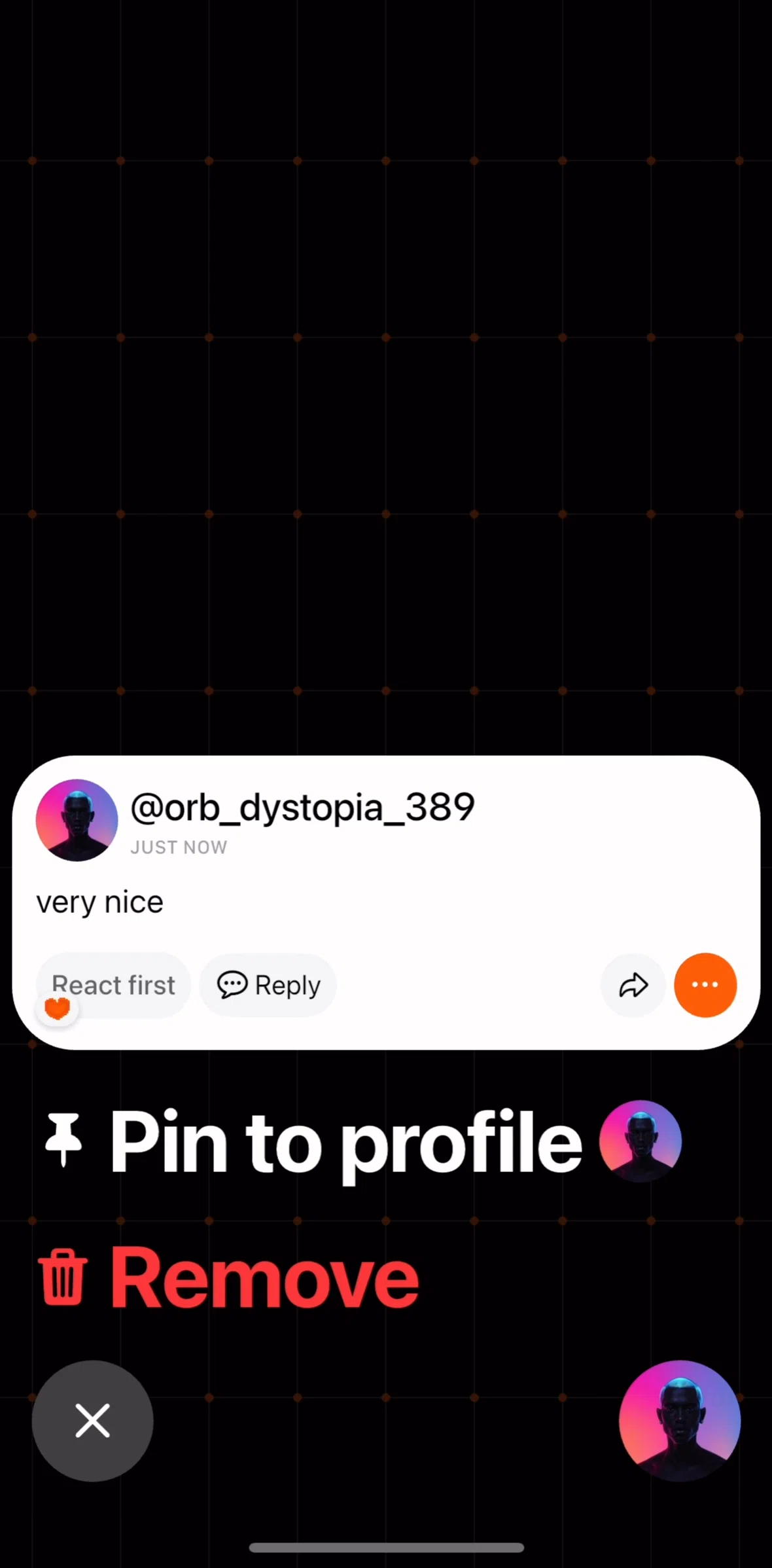 Orb Social Screen screen in the Removing a comment flow