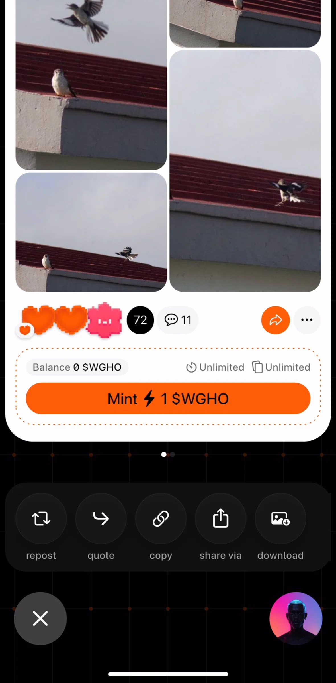 Orb Social Screen screen in the Reposting a post flow