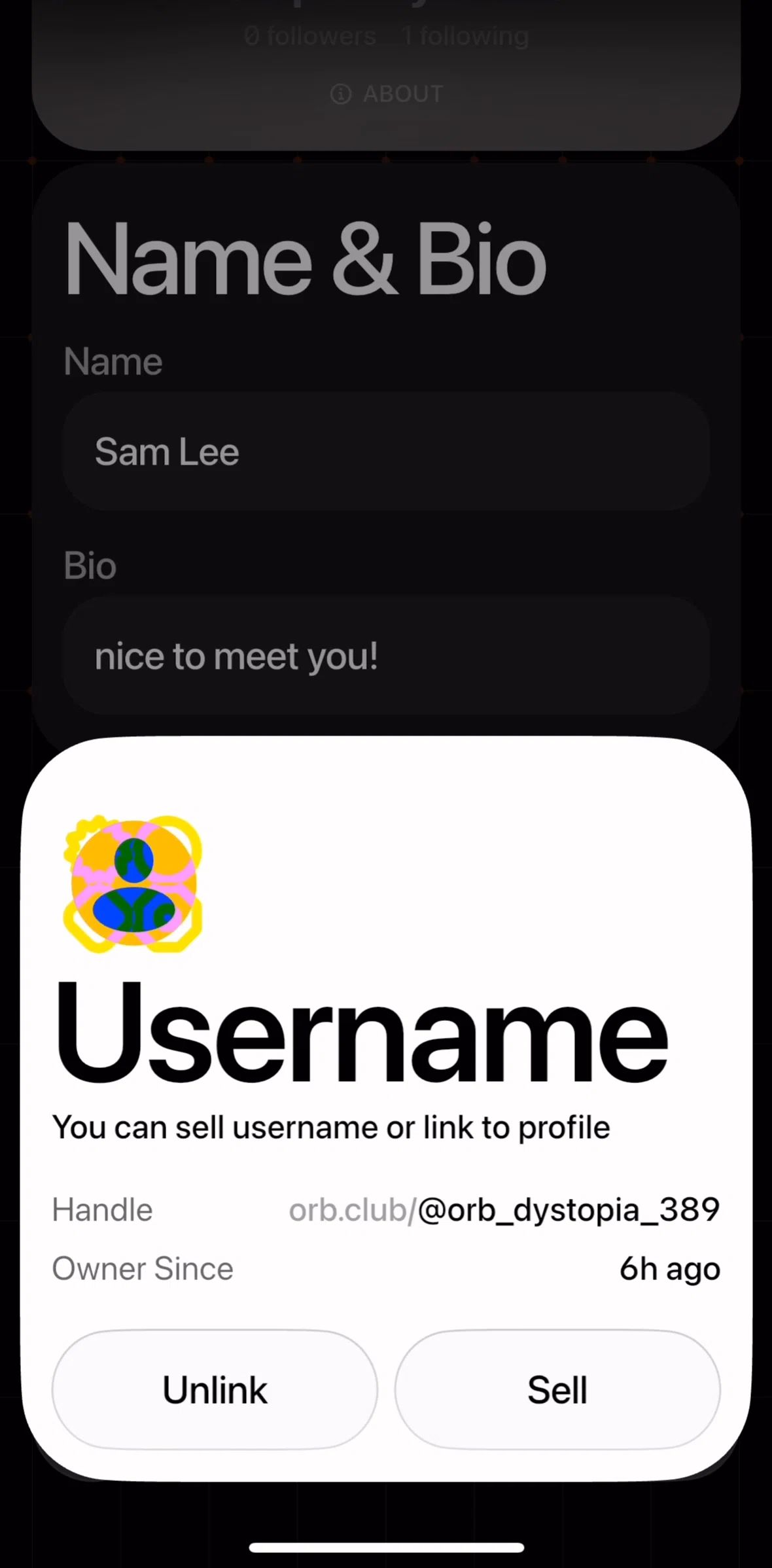 Orb Social Screen screen in the Selling a username flow