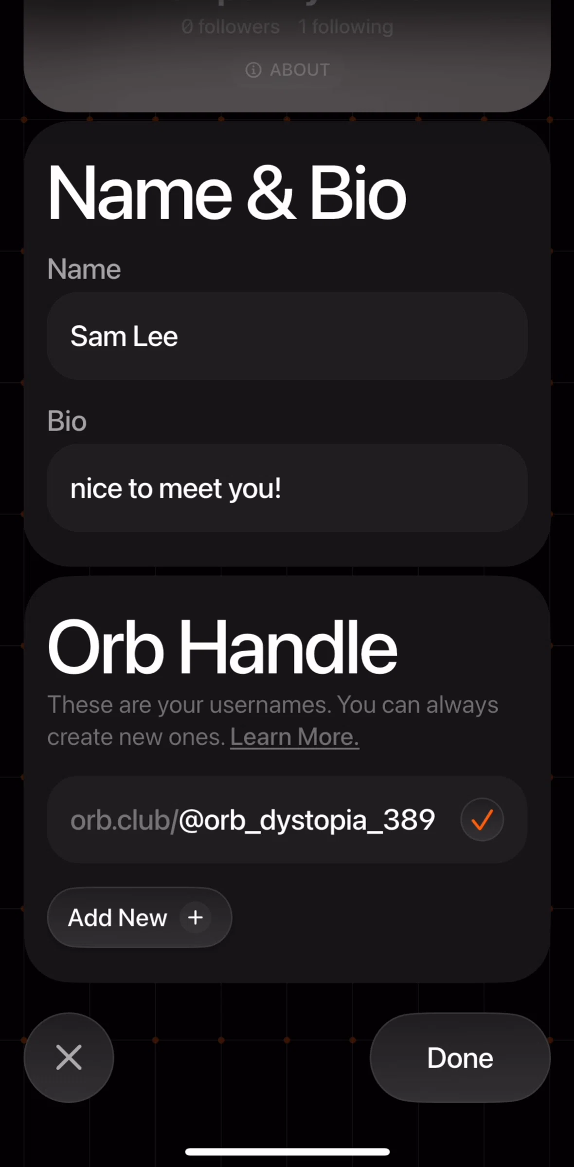 Orb Social Screen screen in the Unlinking a username flow