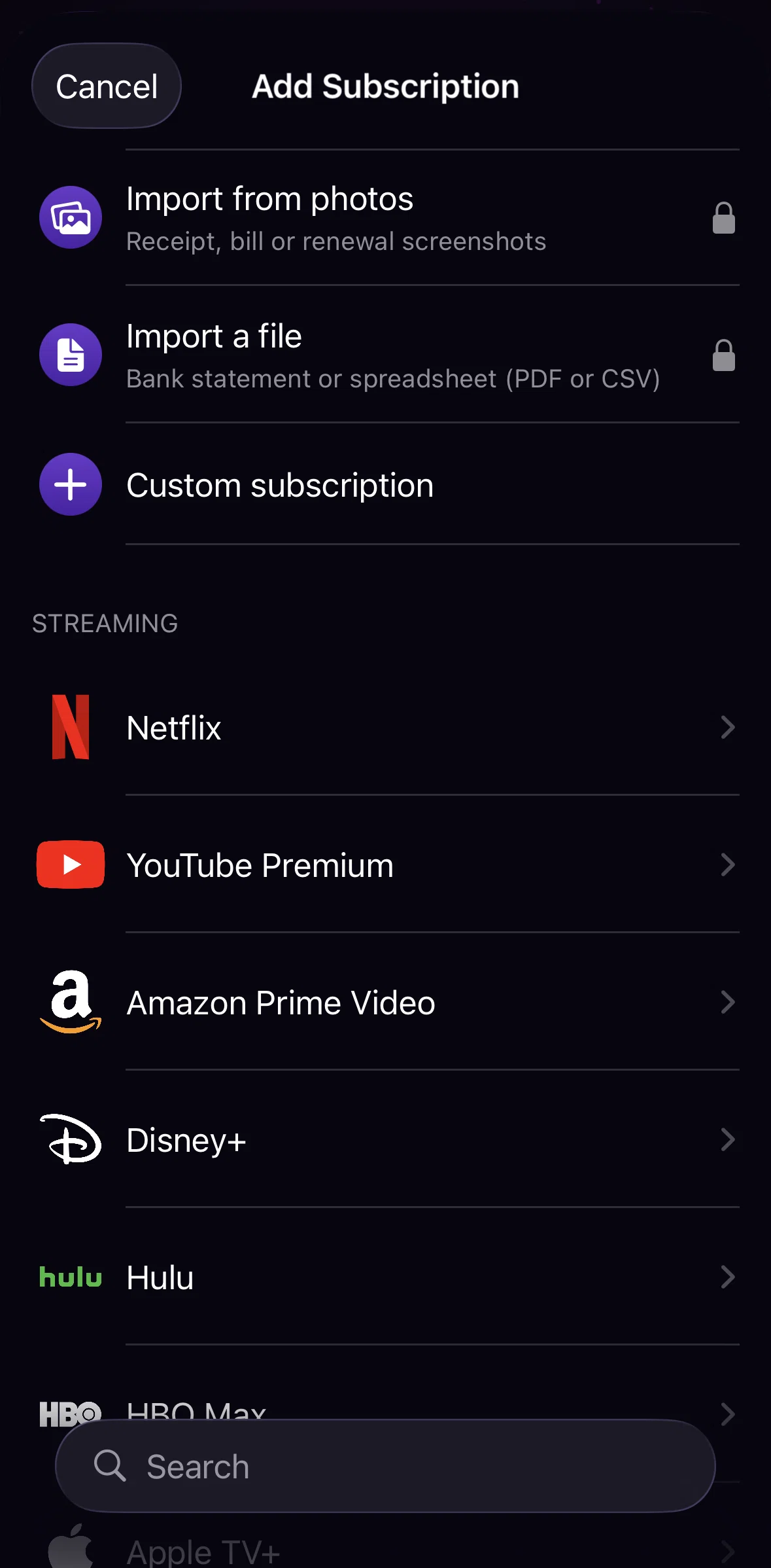 Orbit Screen screen in the Adding a subscription (custom) flow