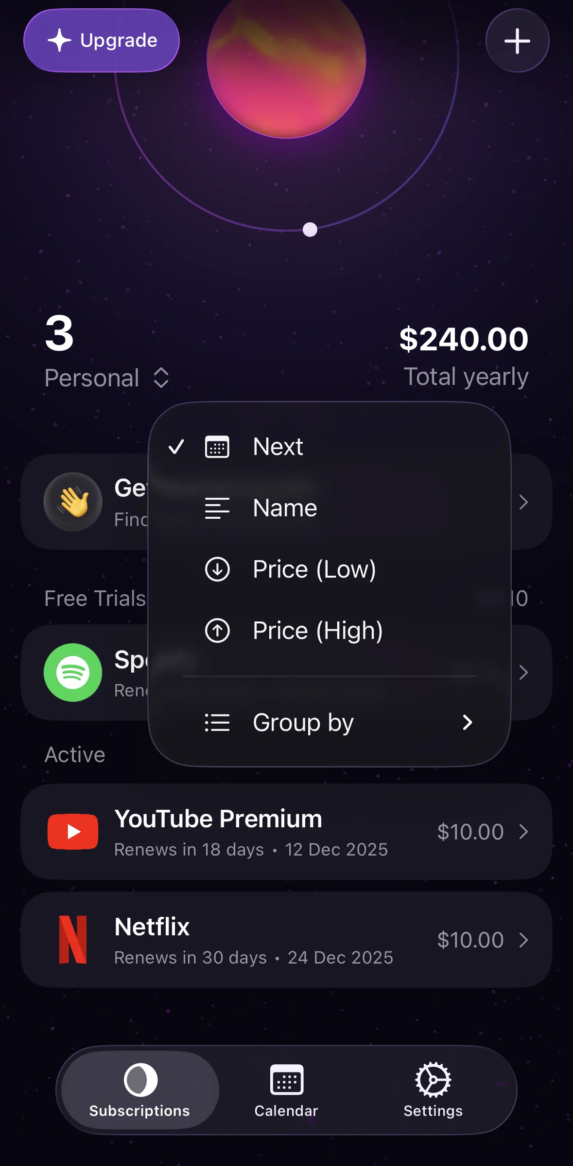 Orbit Screen screen in the Grouping subscriptions flow
