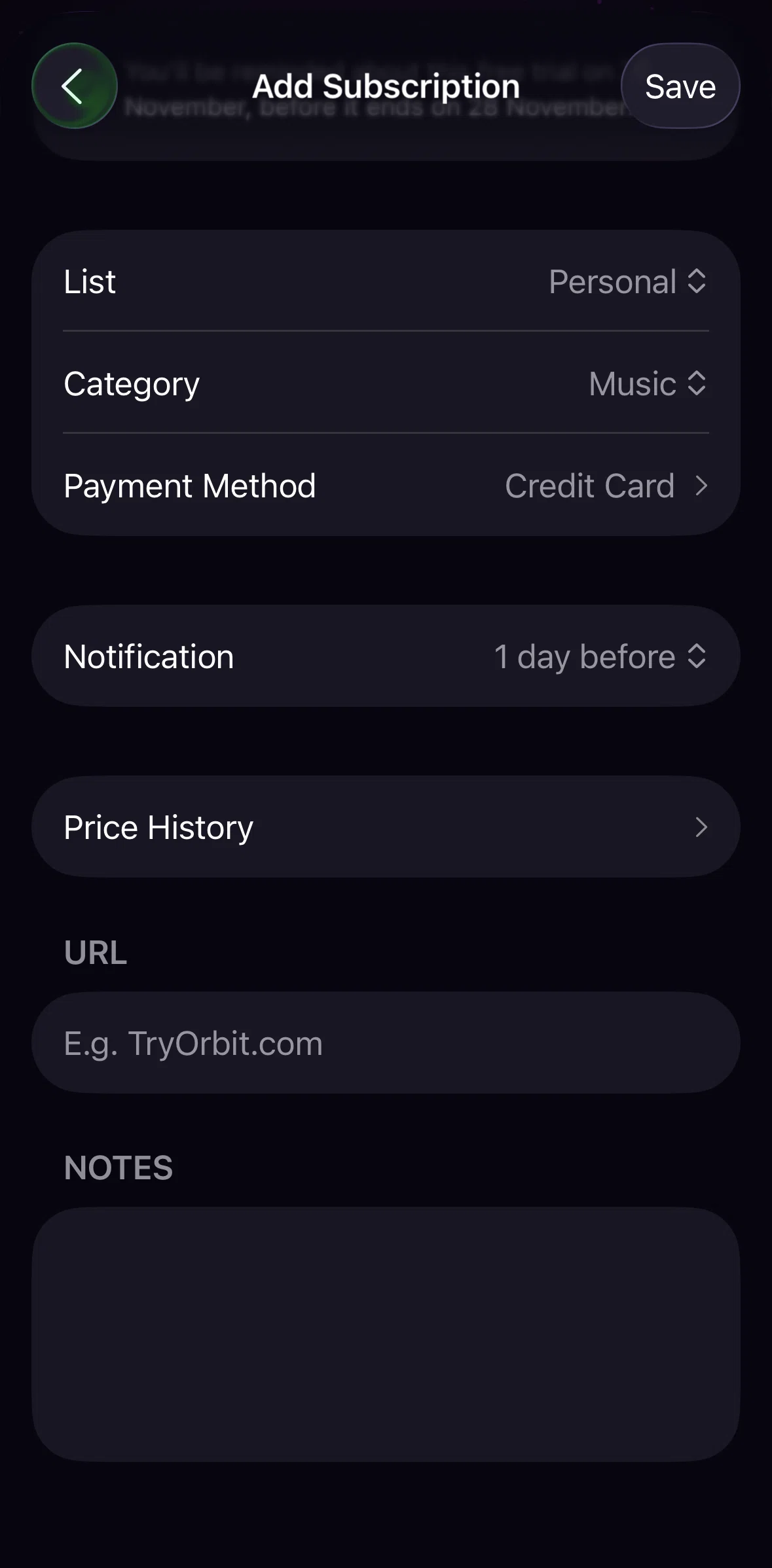Orbit Screen screen in the Price history flow