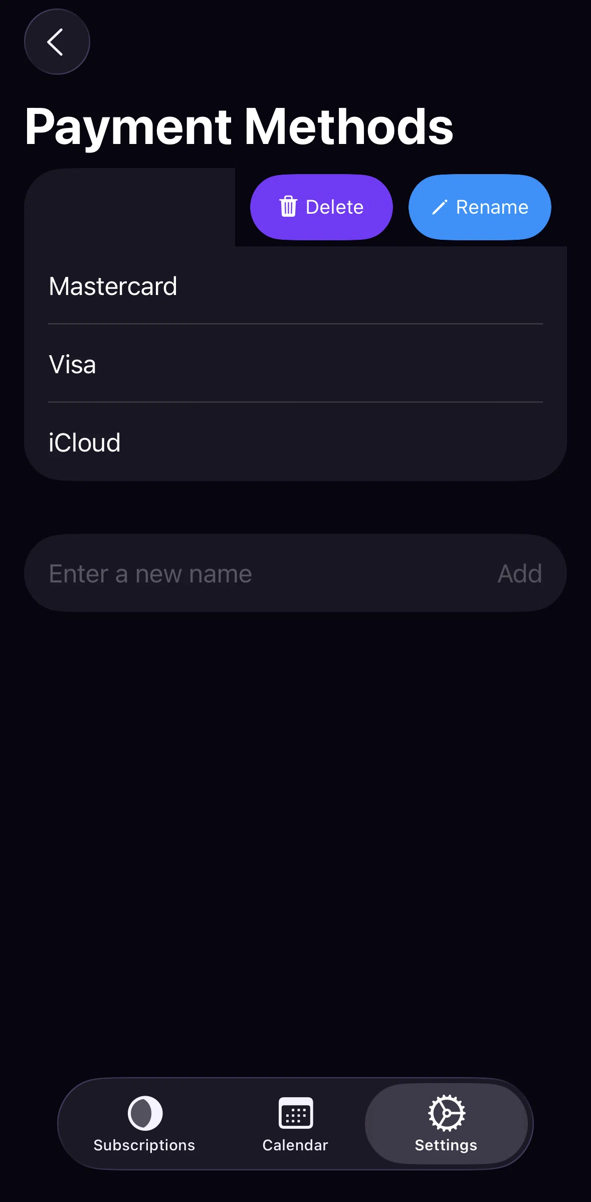 Orbit Screen screen in the Renaming a payment method flow