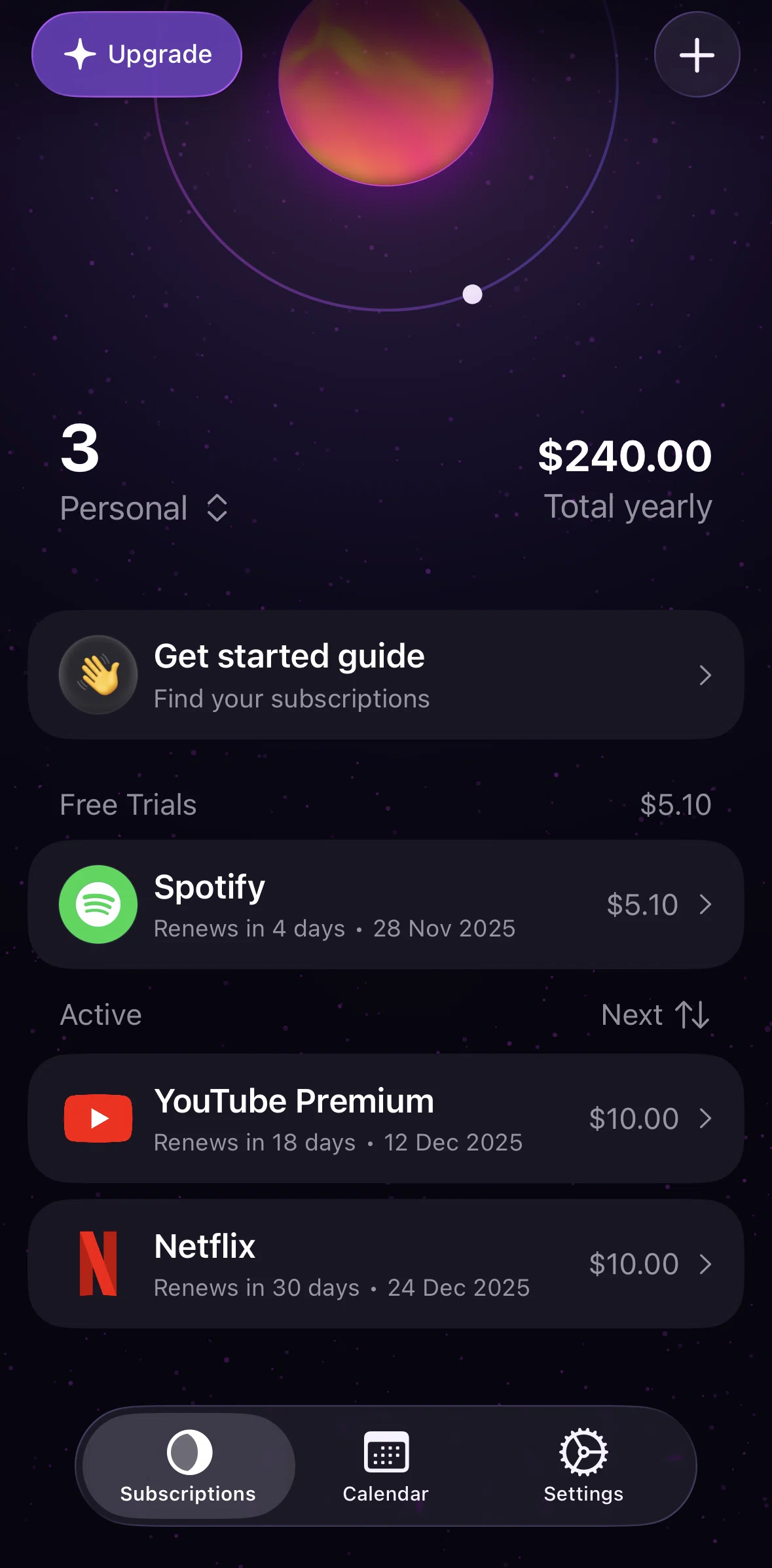 Orbit Screen screen in the Sorting subscriptions flow