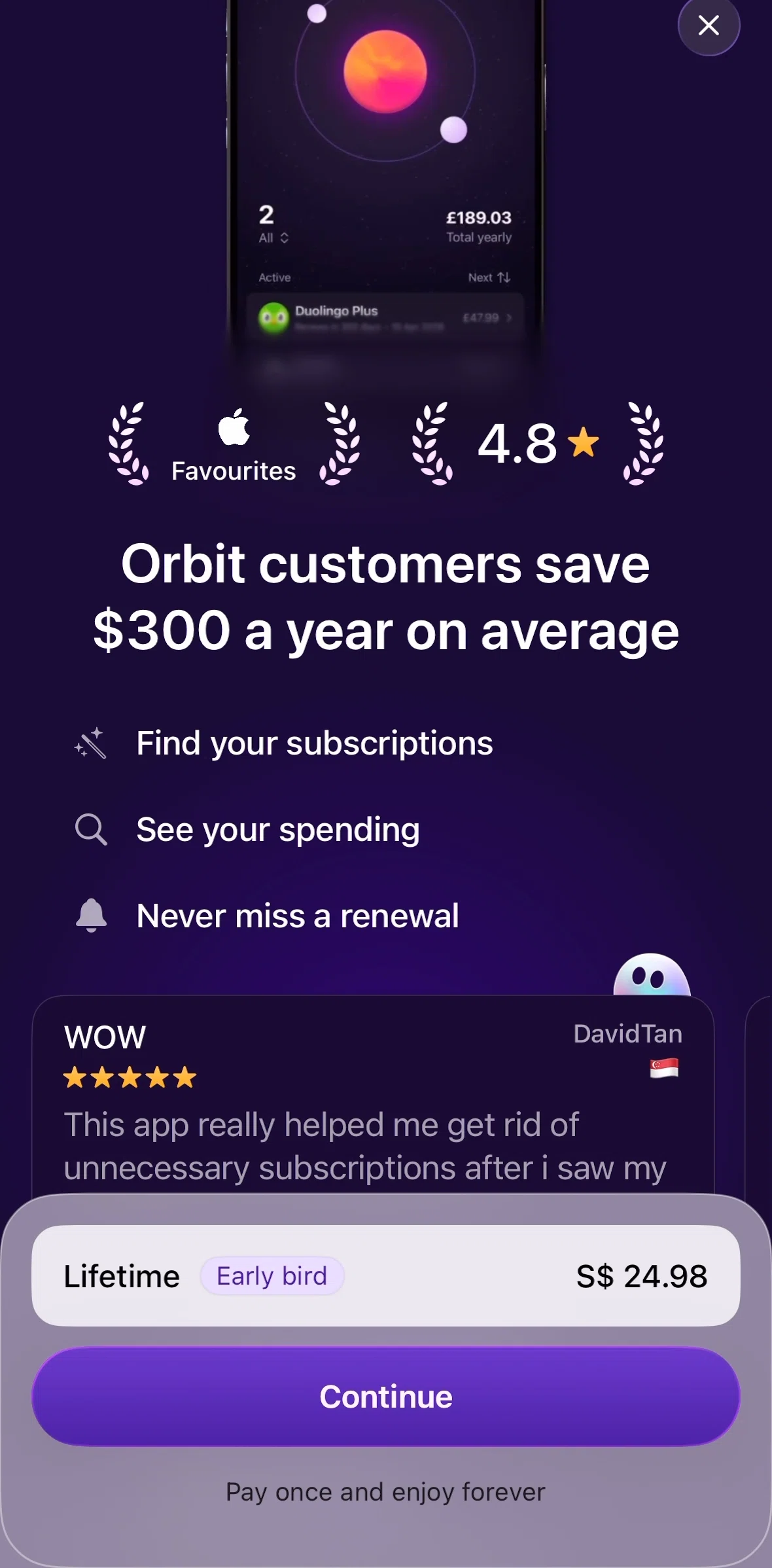 Orbit Screen screen in the Subscribe to Orbit Plus flow