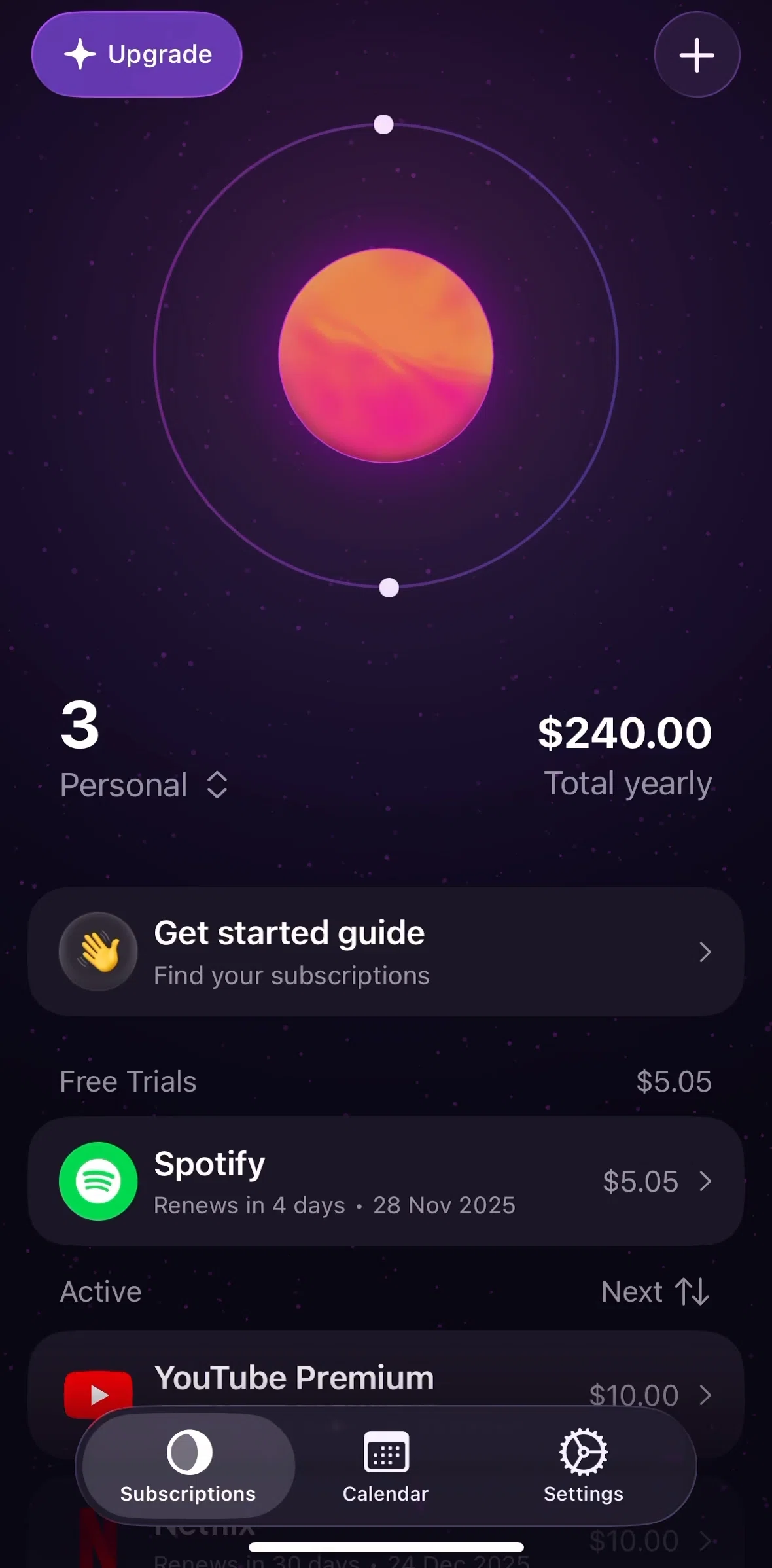 Orbit Screen screen in the Subscription detail flow