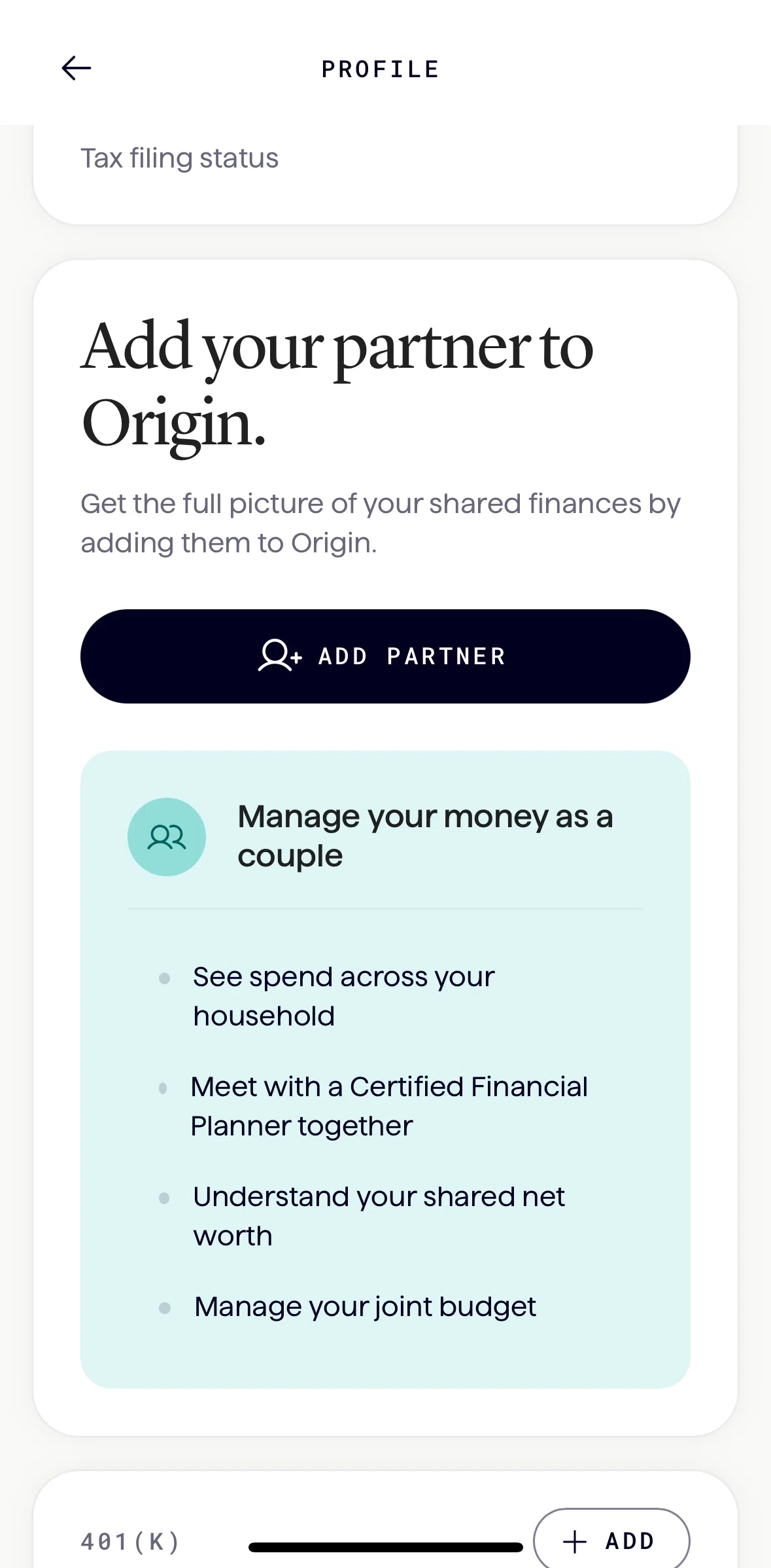 Origin Screen screen in the Adding a partner flow