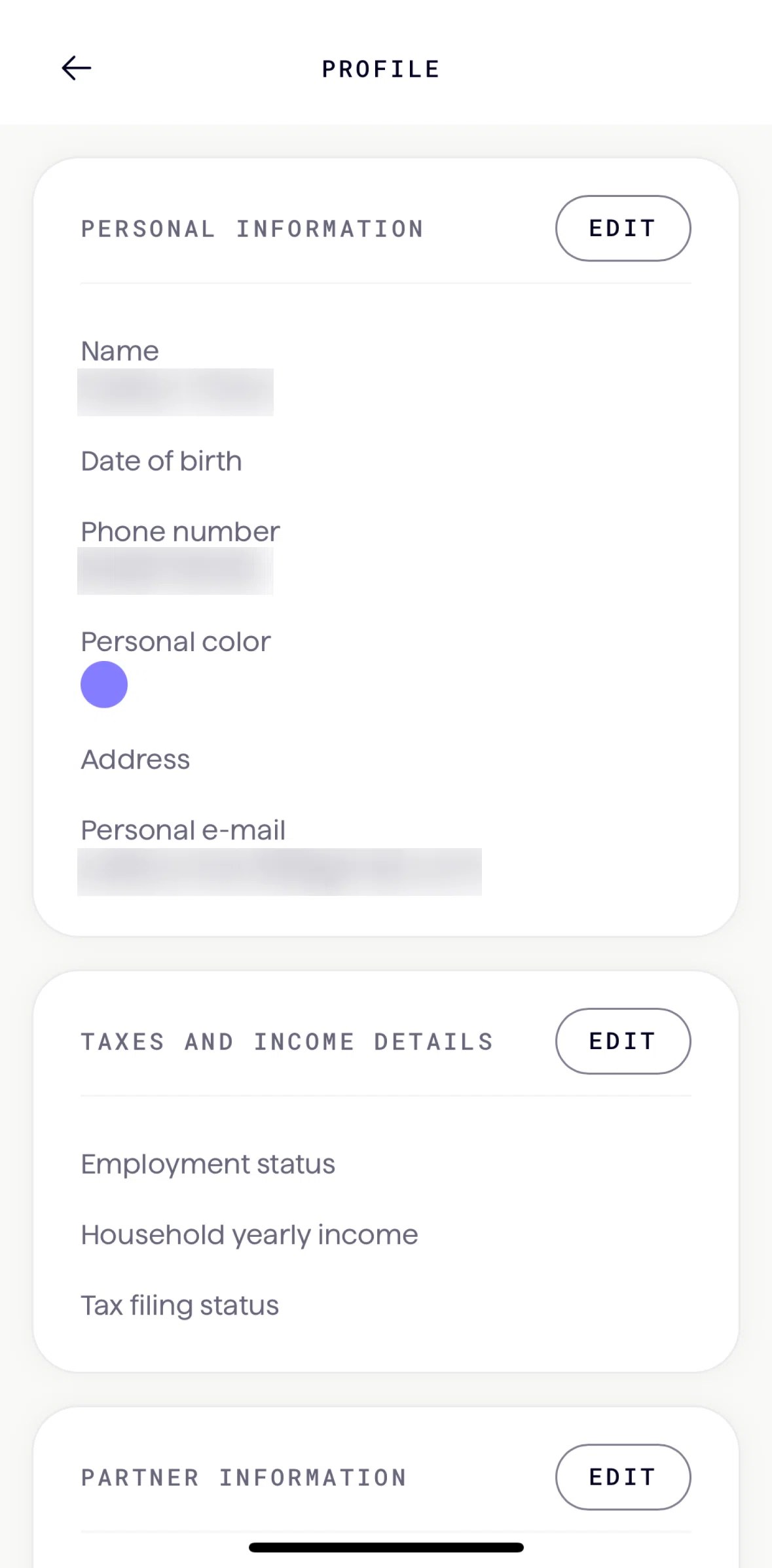 Origin Screen screen in the Edit personal information flow