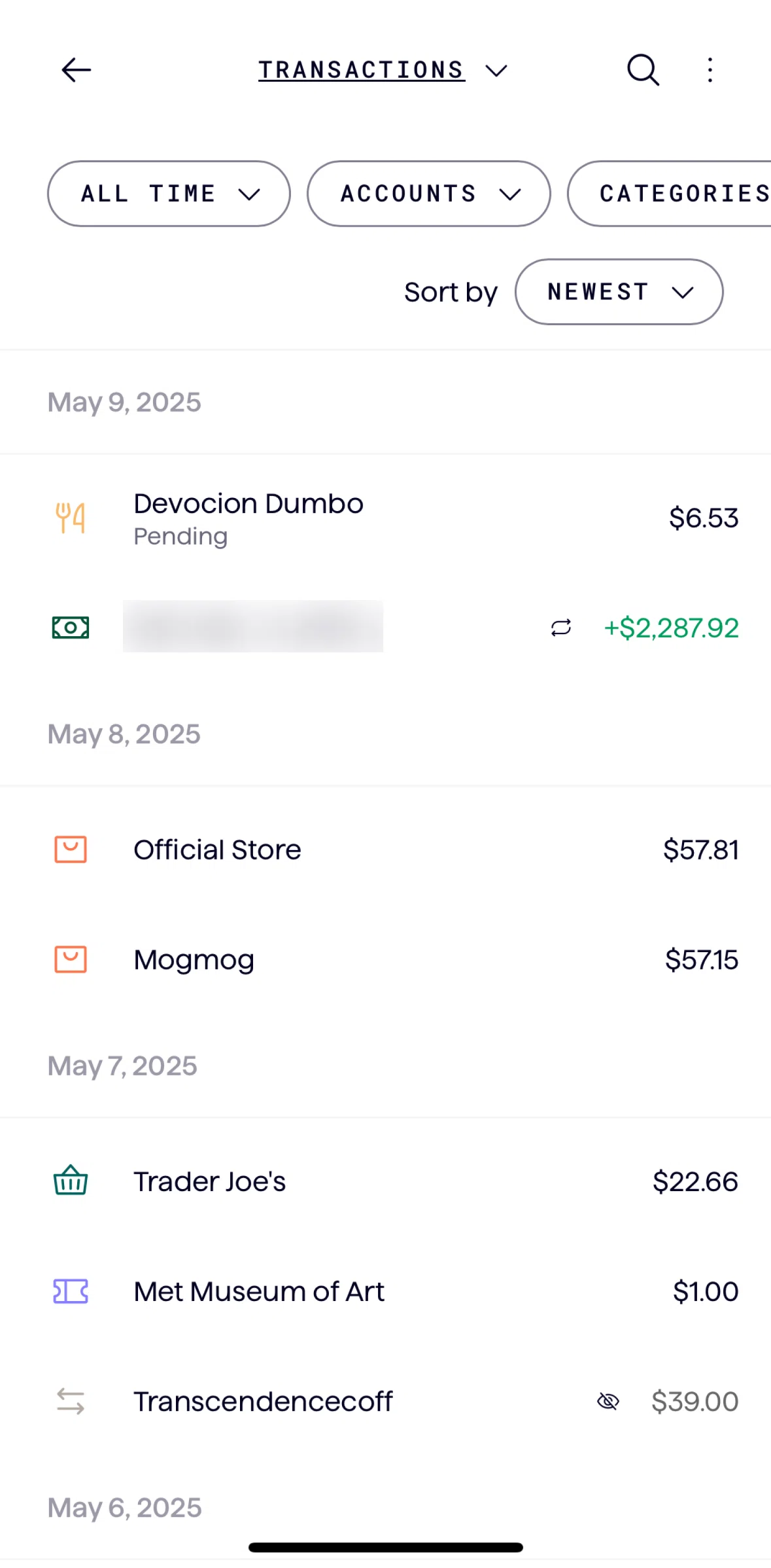 Origin Screen screen in the Filtering a transactions flow