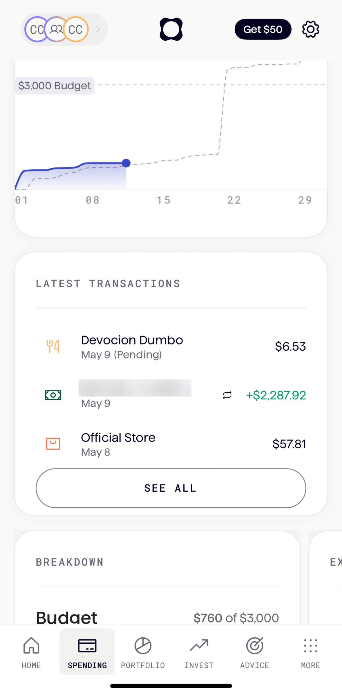 Origin Screen screen in the Latest transactions flow