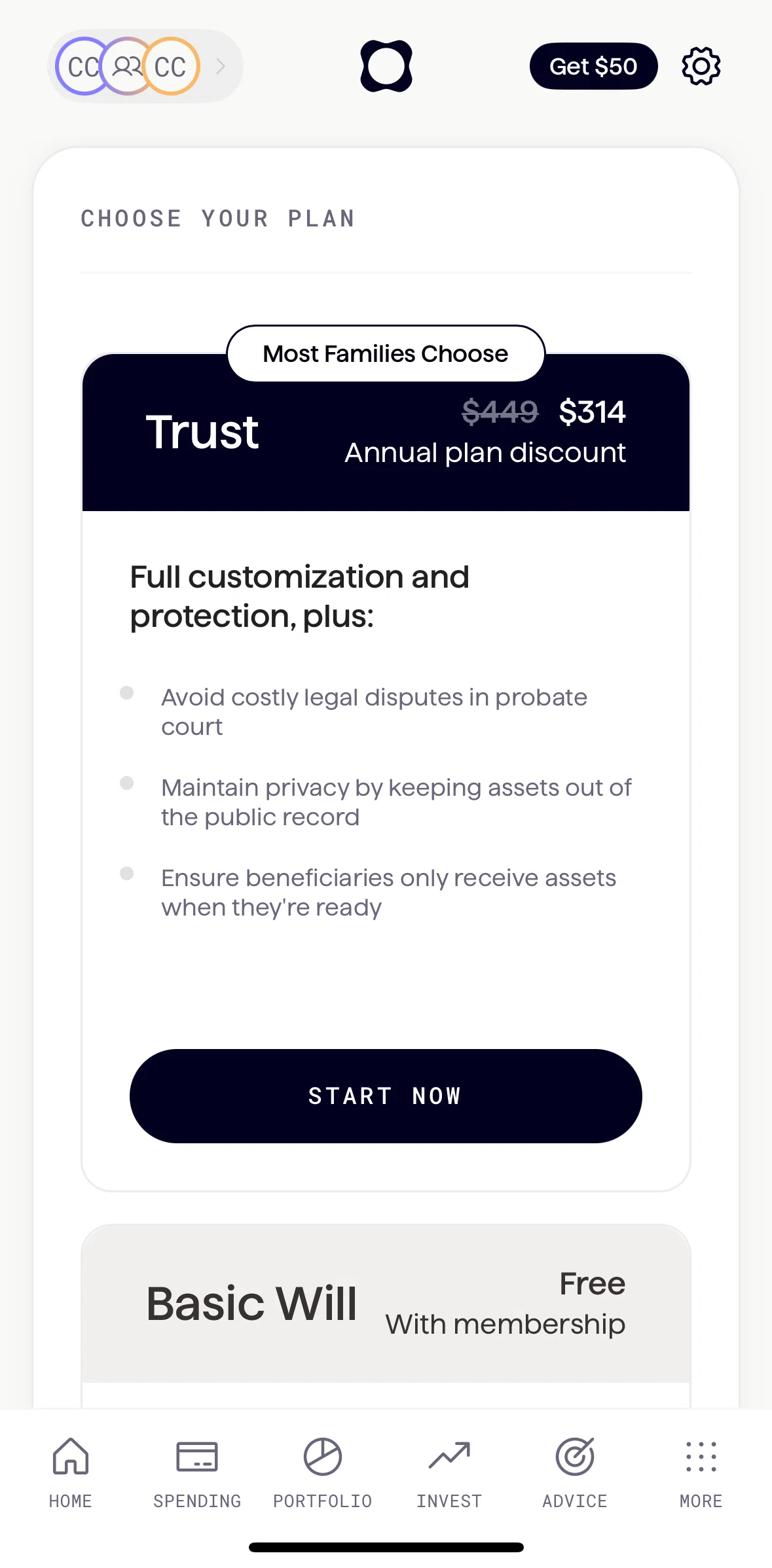 Origin Screen screen in the Start estate planning plan flow