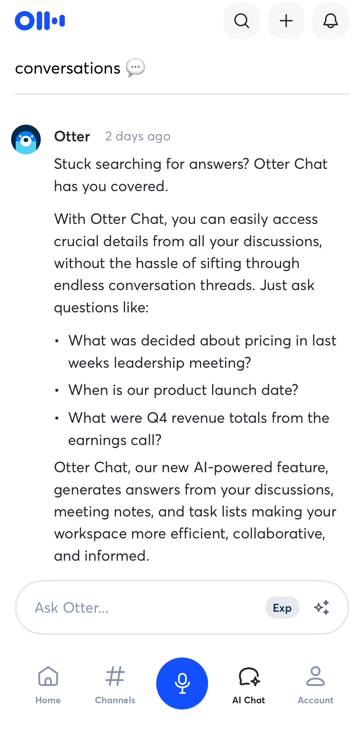 Otter AI Screen screen in the Asking Otter AI (prompt) flow