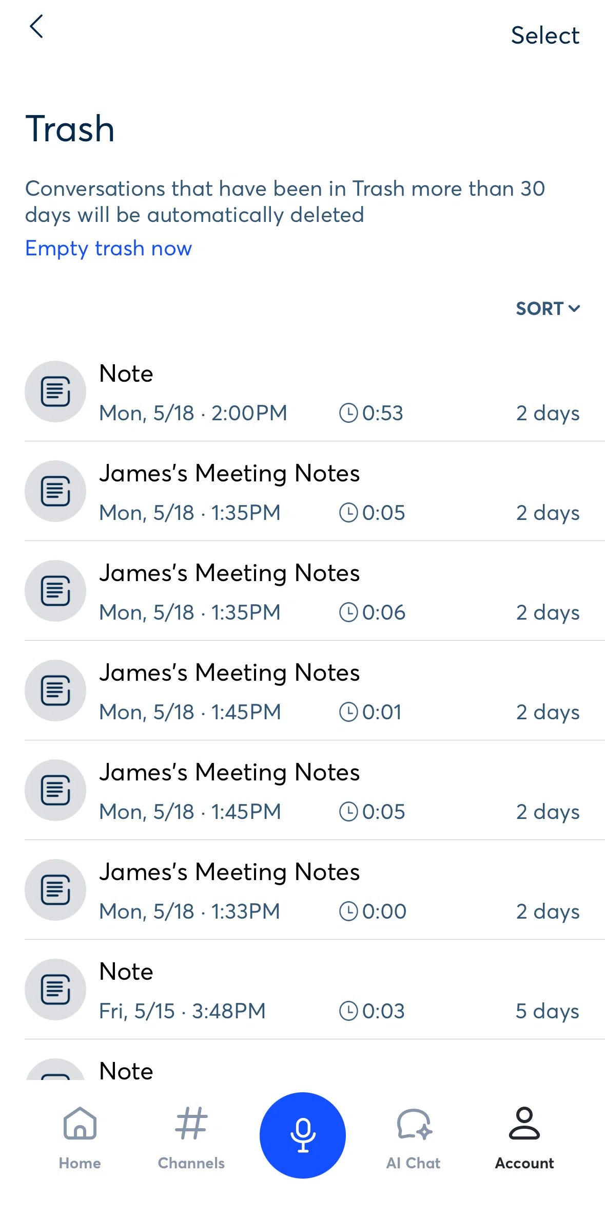Otter AI Screen screen in the Deleting conversations (trash) flow