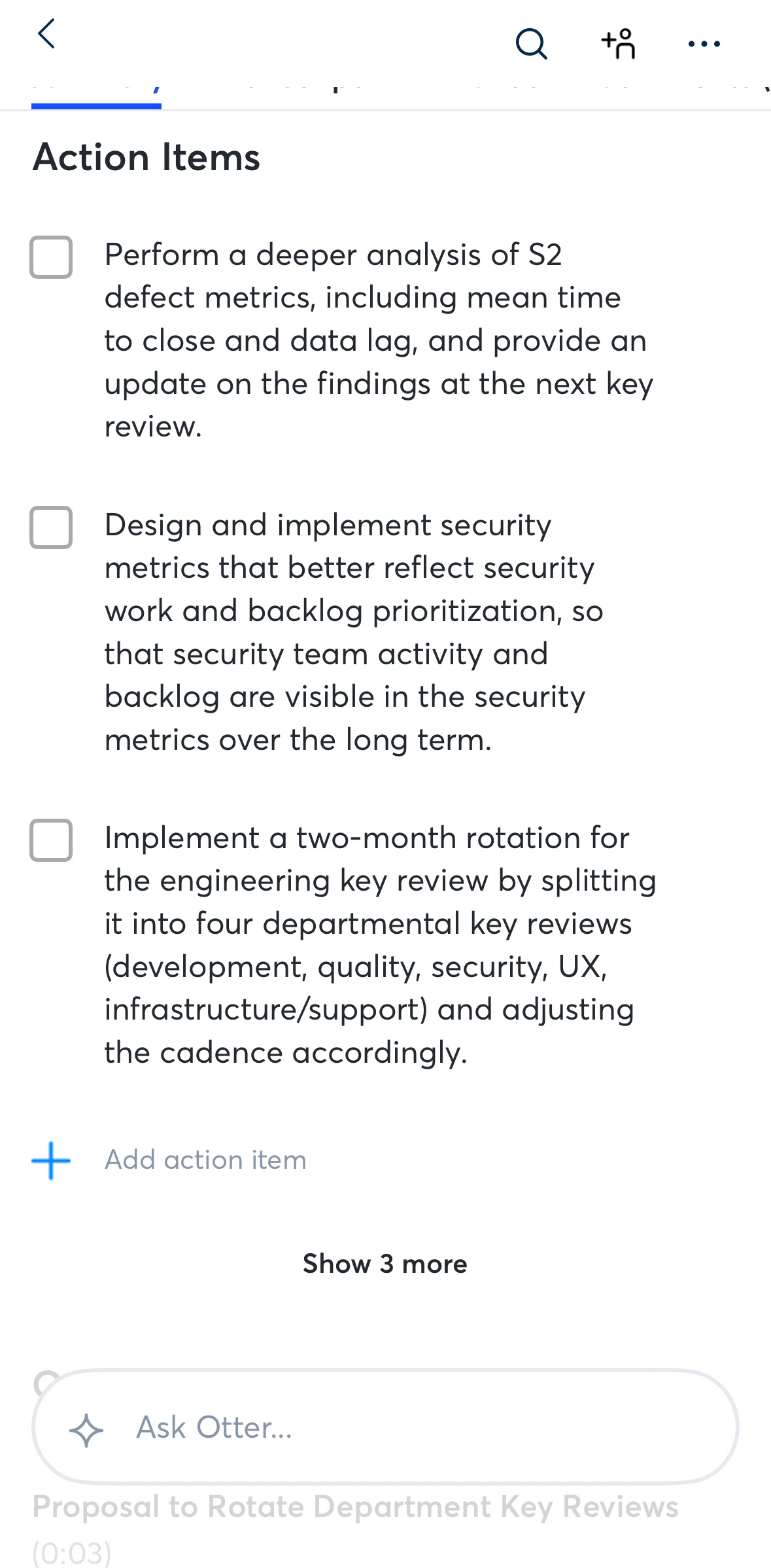 Otter AI Screen screen in the Editing action items summary flow