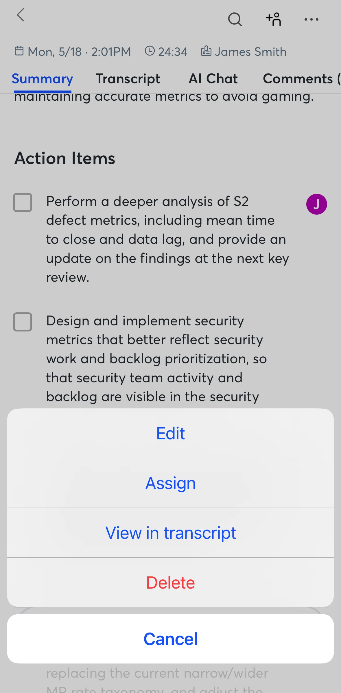 Otter AI Screen screen in the View in transcript flow