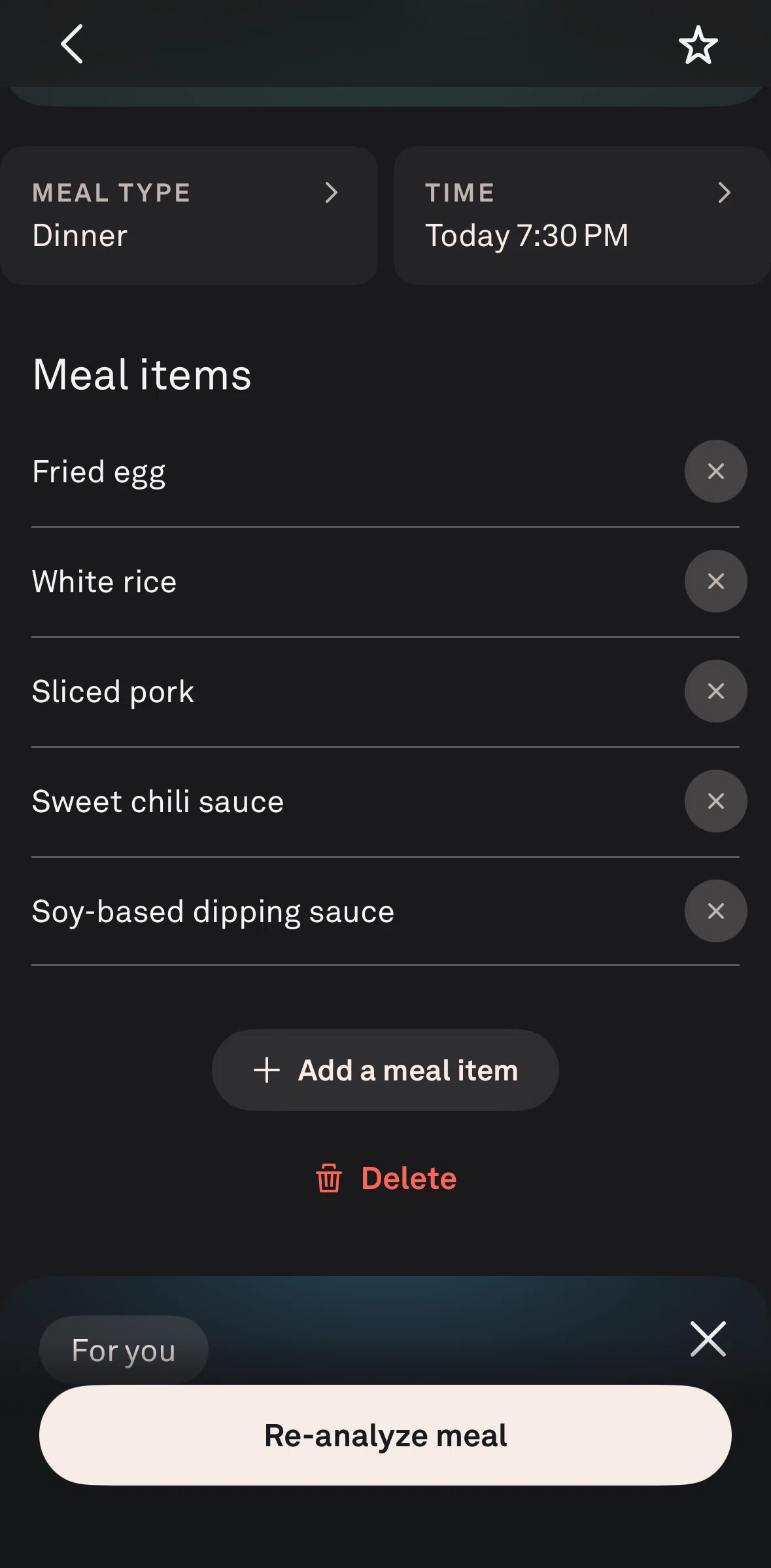 Oura Screen screen in the Adding a meal item flow