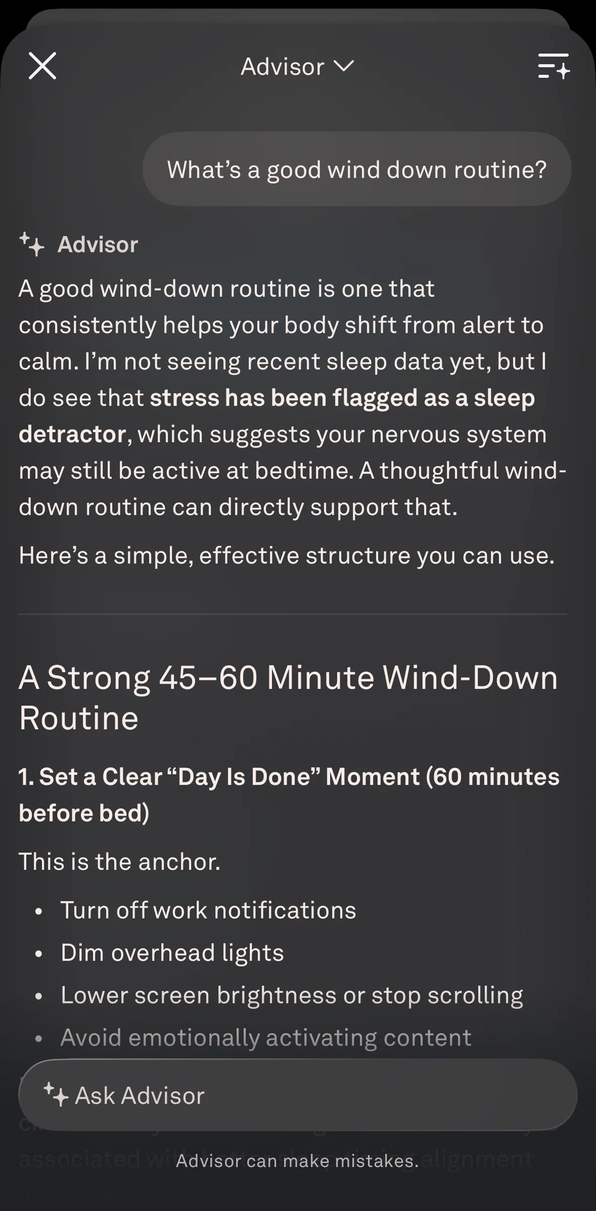 Oura Screen screen in the Advisor settings flow