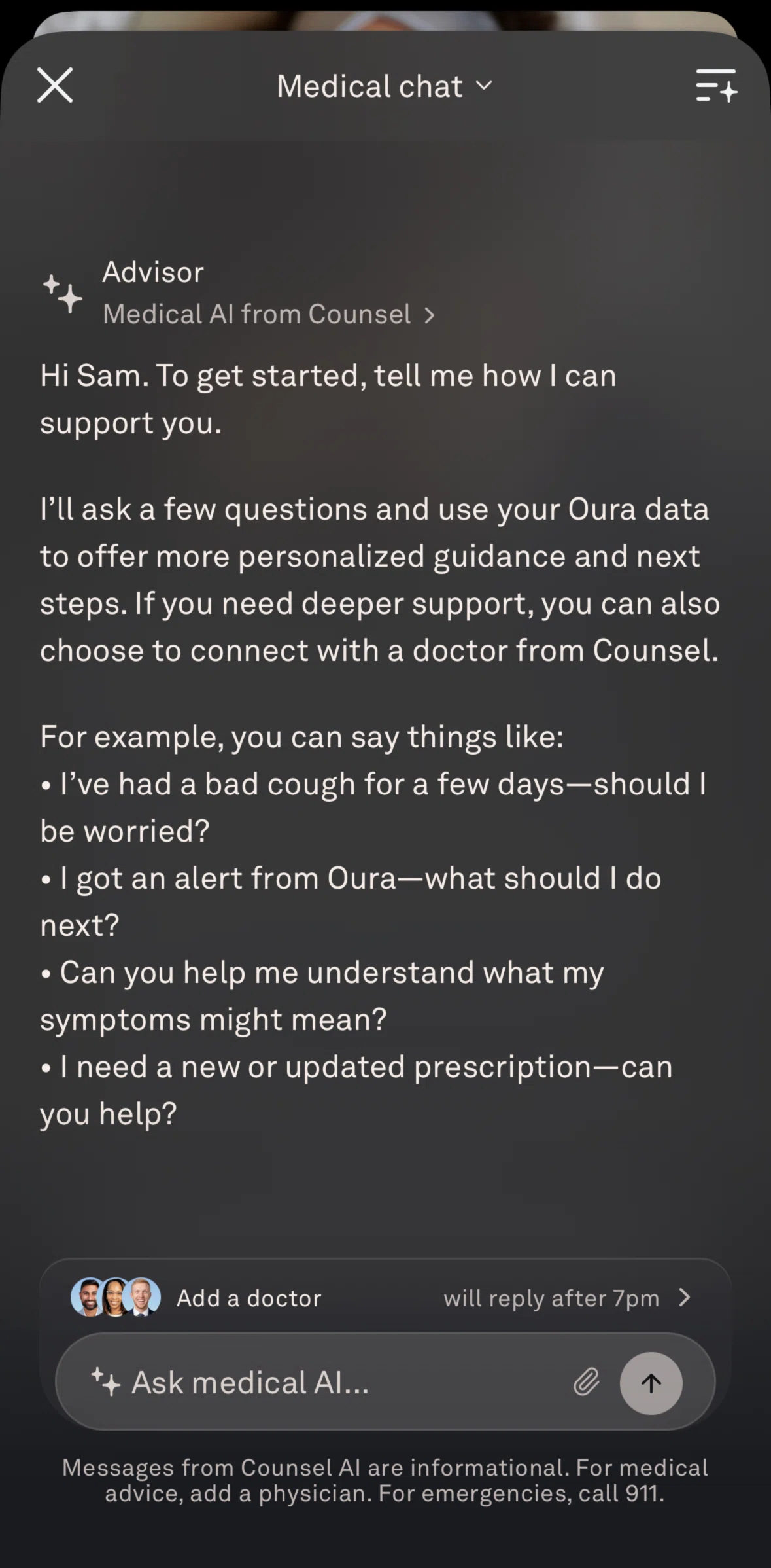 Oura Screen screen in the Ask a doctor flow