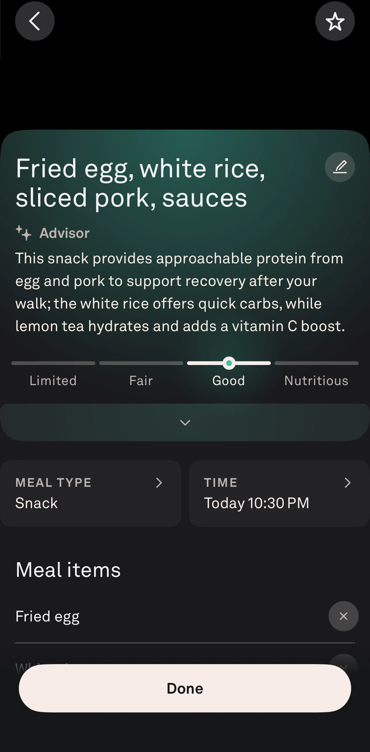 Oura Screen screen in the Changing a meal type flow