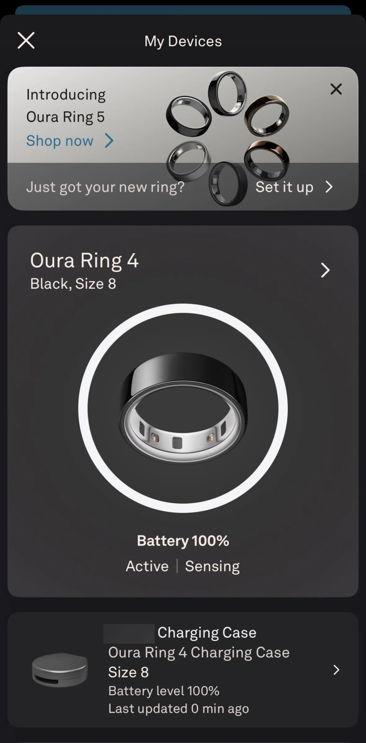 Oura Screen screen in the Charging case detail flow