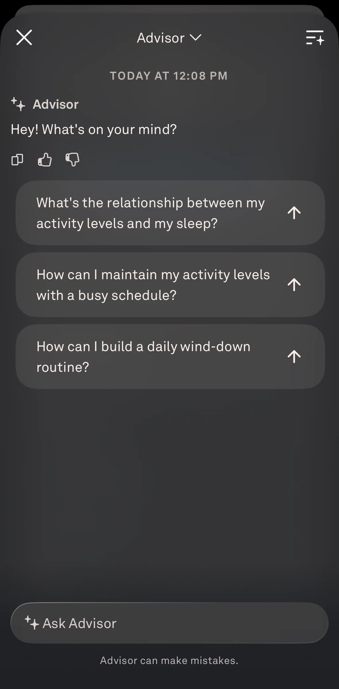 Oura Screen screen in the Chatting with Oura Advisor flow