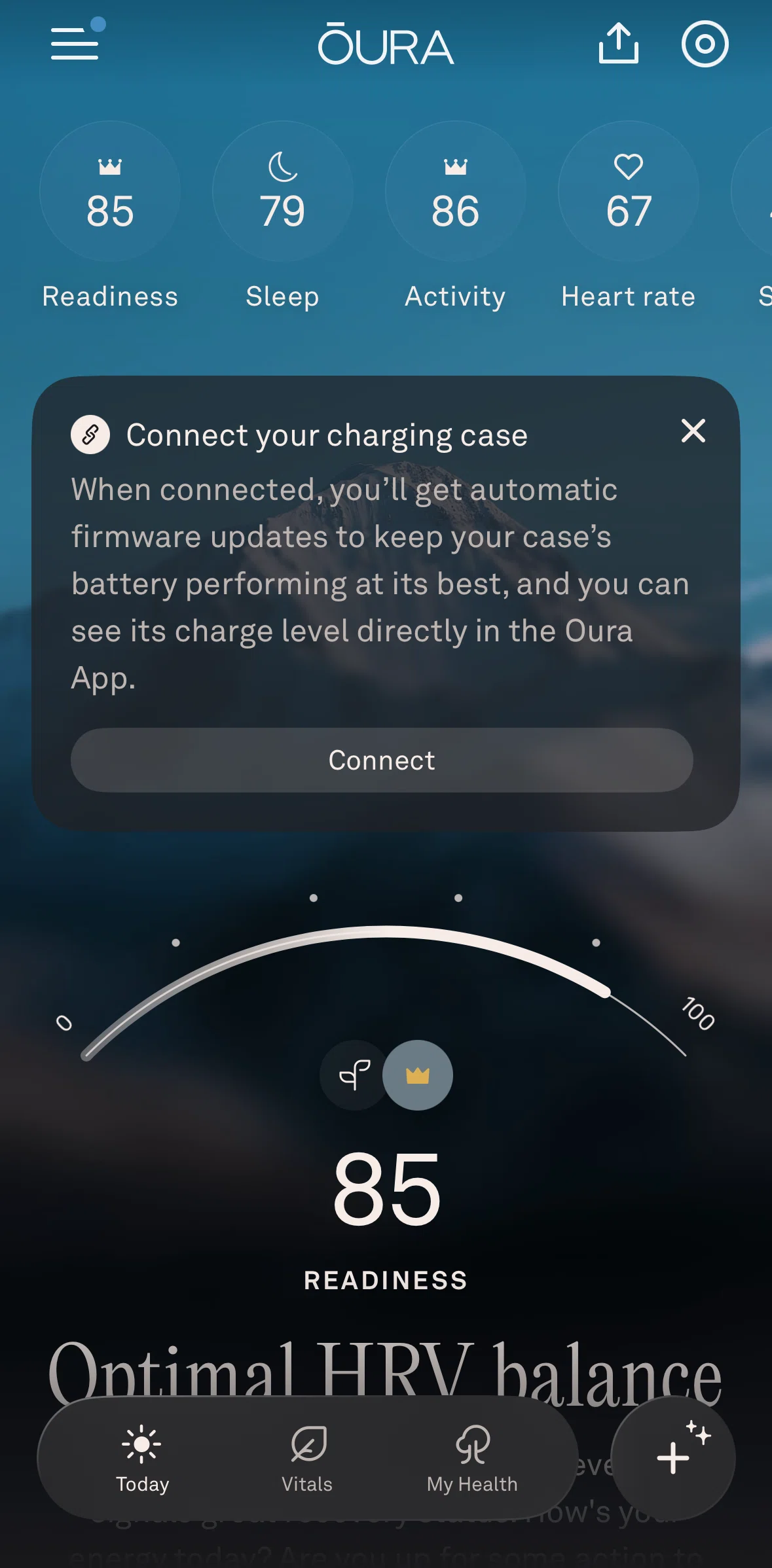 Oura Screen screen in the Connecting a charging case flow