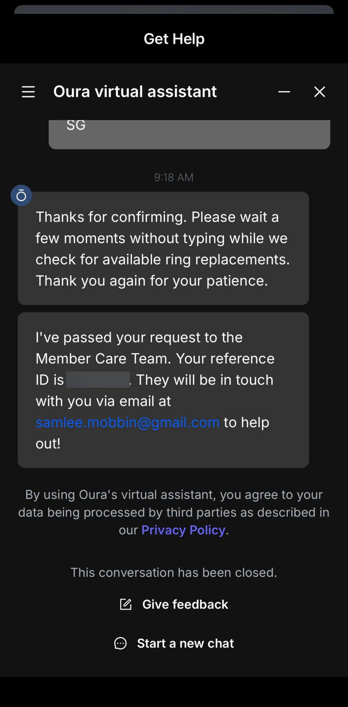 Oura Screen screen in the Conversations flow