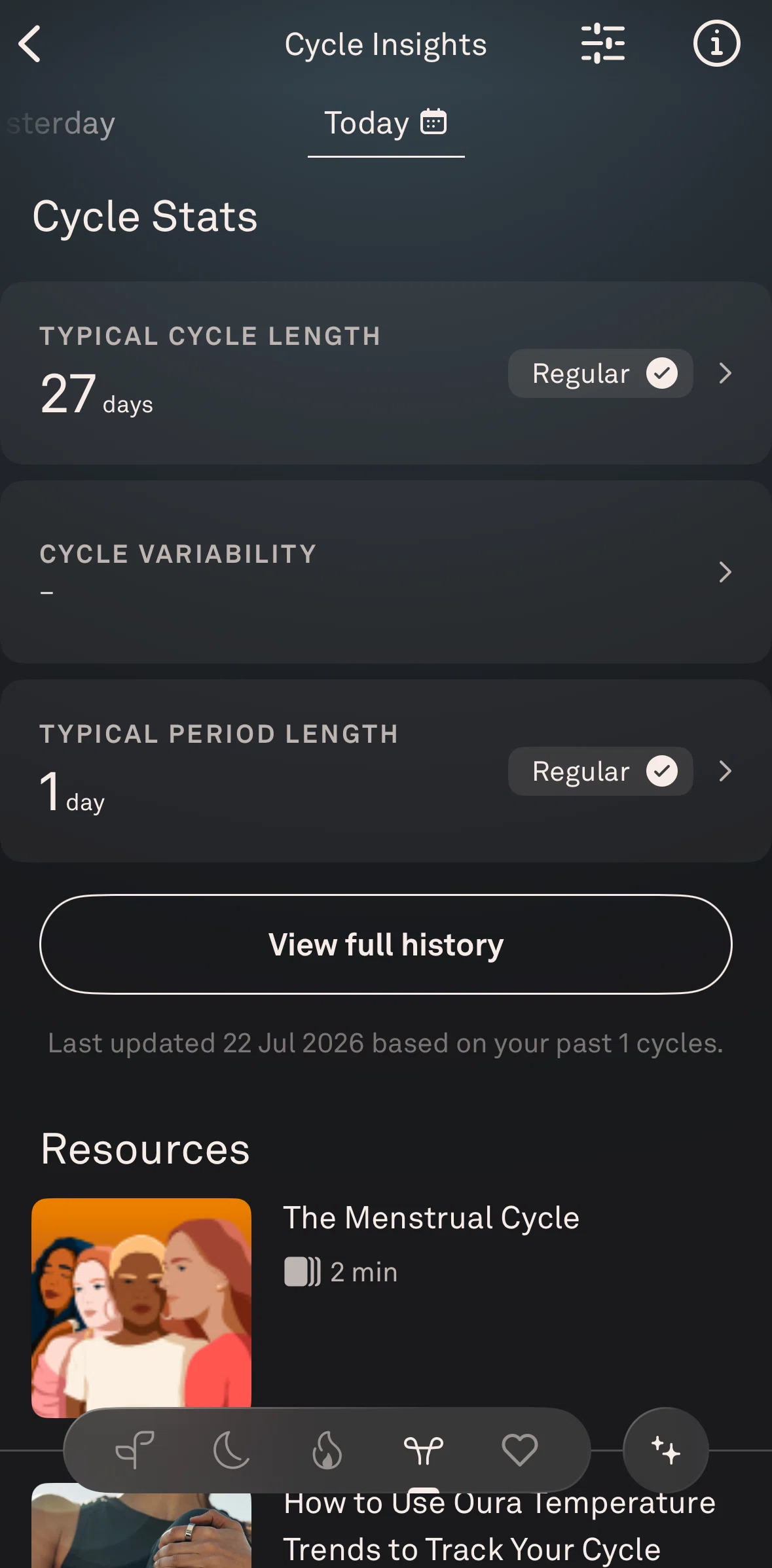 Oura Screen screen in the Cycle history flow