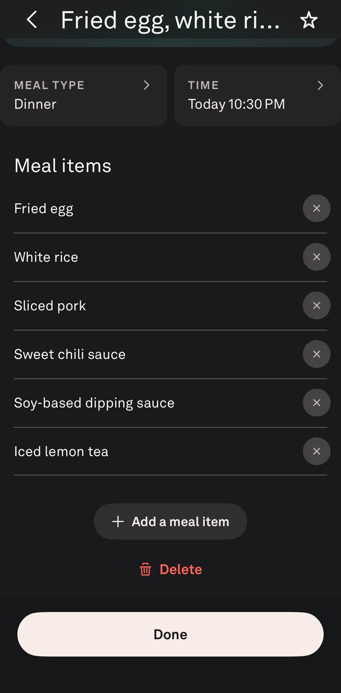 Oura Screen screen in the Deleting a meal item flow