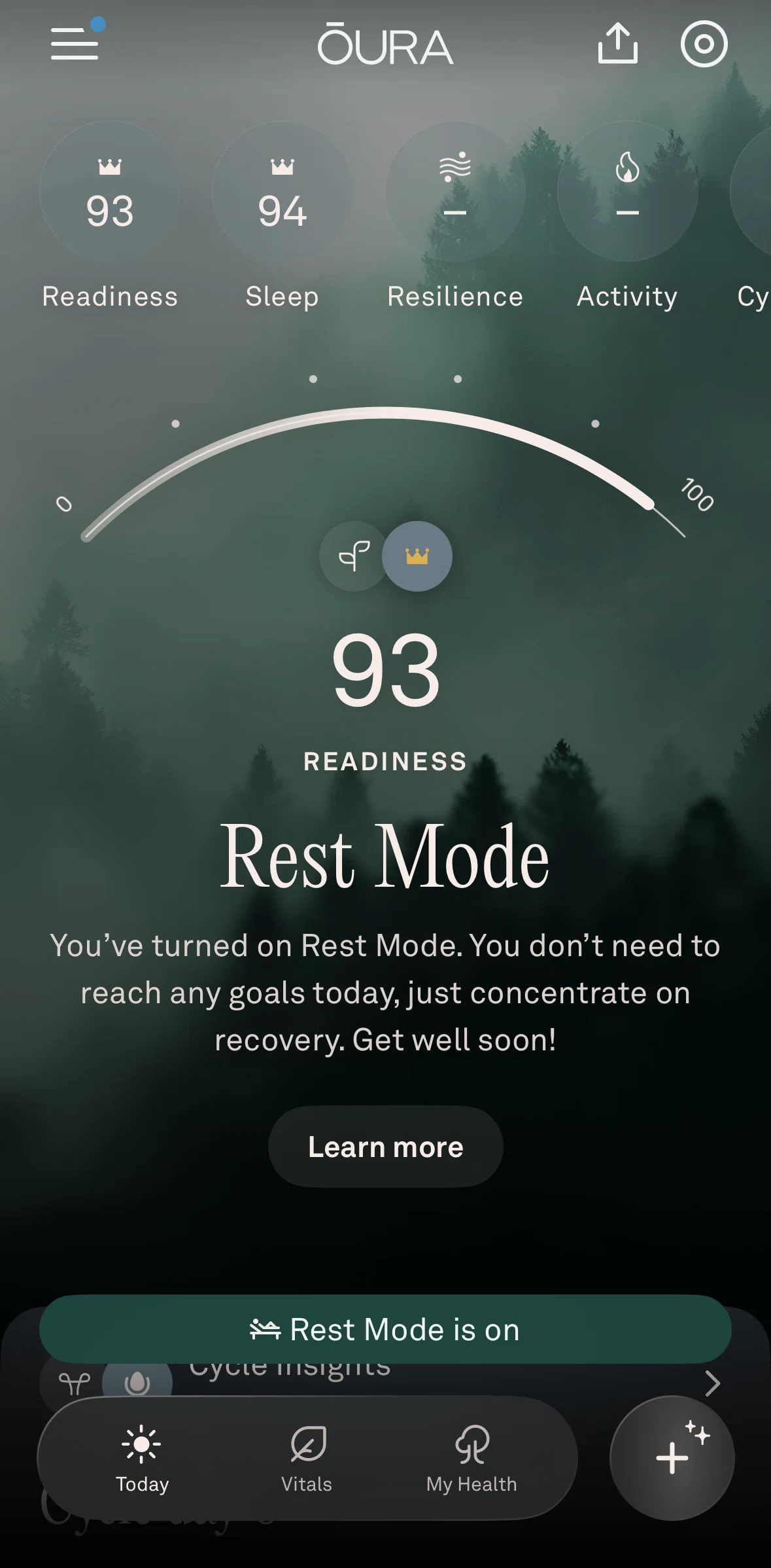 Oura Screen screen in the Disabling rest mode flow