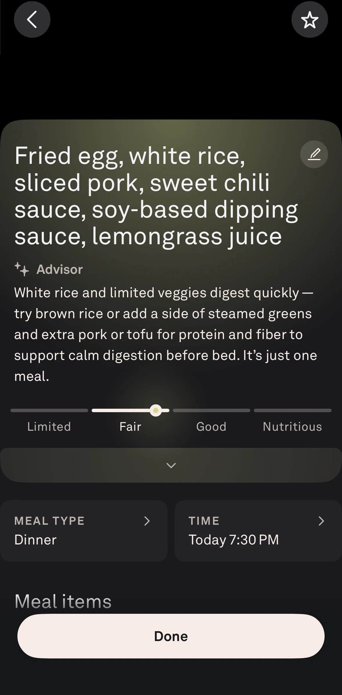 Oura Screen screen in the Favoriting a meal flow